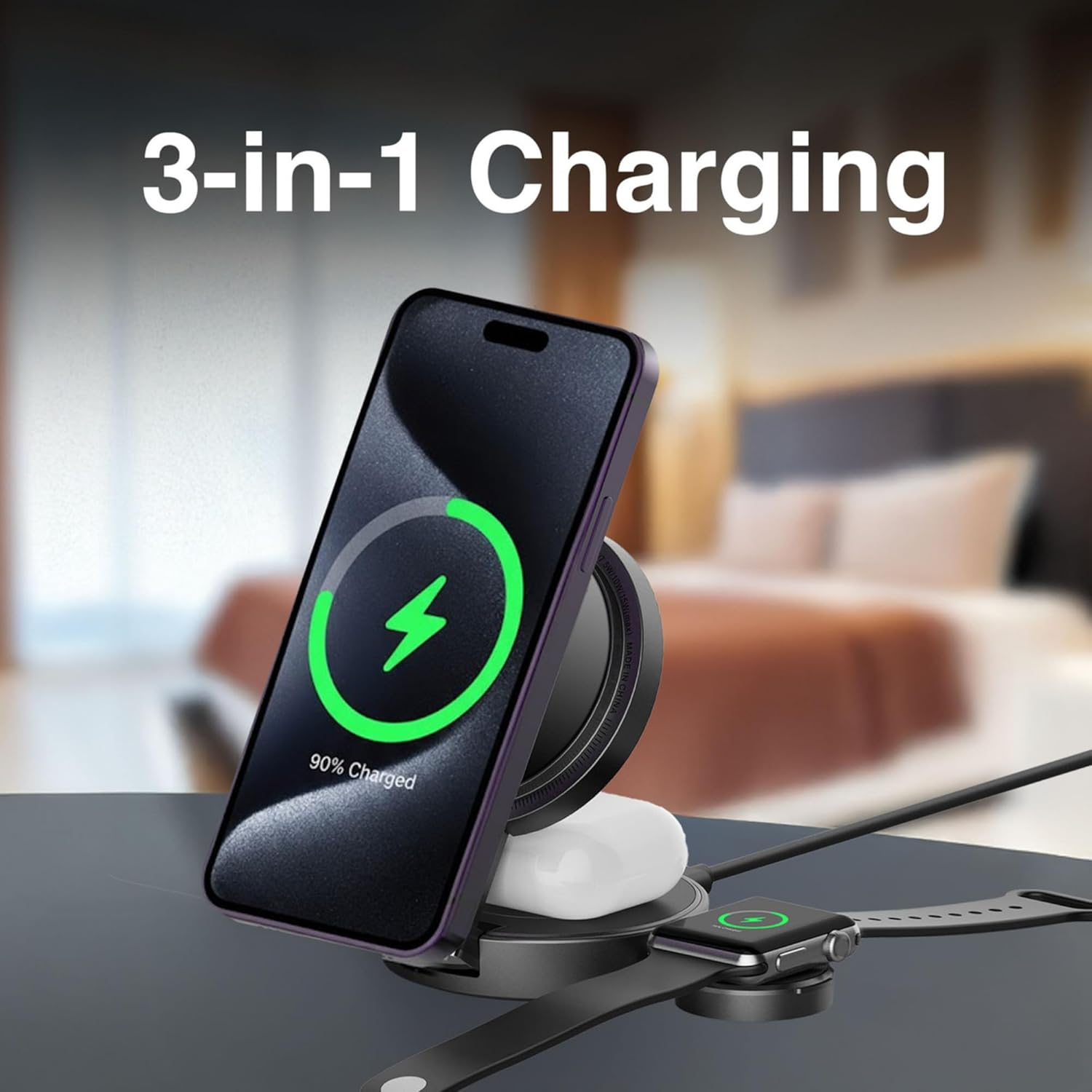 Laser Chargecore 3 in 1 Foldable Wireless Charging Stand, Magsafe Compatible 15W Fast Charge, USB-C Powered, Includes 20W USB-C Wall Charger, for Compatible Phone Watch and Earbuds, Travel Ready image number 1