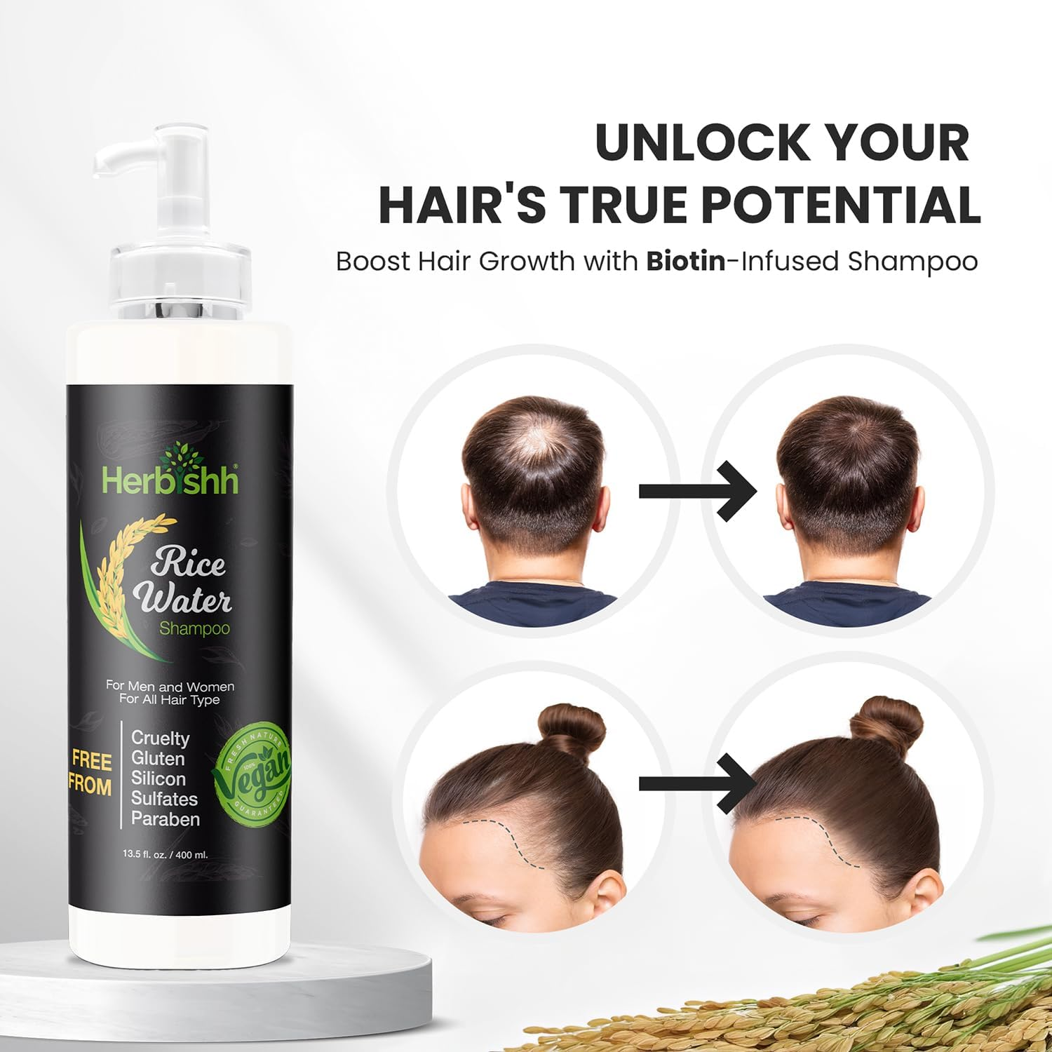 Herbishh Rice Water Hair Growth Shampoo with Power of Castor Oil, Argan Oil, Coconut Oil & Biotin |All Hair Type | Hair Regrowth for Thinning Hair, Moisturizing & Volumizing | Silicone Free | 400Ml