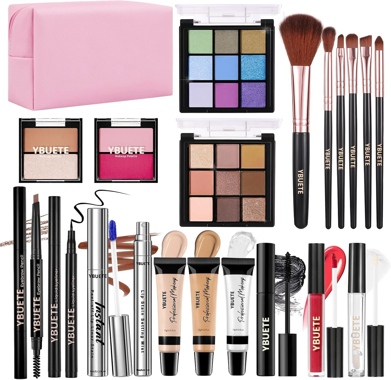 YBUETE Makeup Full Kit for Beginners Girls Women, Travel Makeup Set Present for Her,Cosmetic Set Include Eyeshadow Blush Lip Gloss Peel off Lip Stain Eyeliner Mascara Eyebrow Pencil Cosmetic Bag