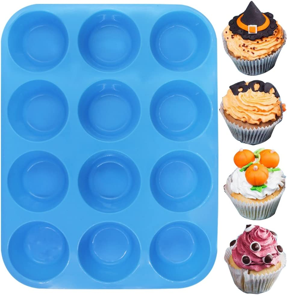 12 Cups Silicone Muffin Pan, Cupcake Pan, Yucool 3 Pack Silicone Molds for Muffin Tins, Cakes Microwave Oven Safe (Orange, Red, Blue) image number 1