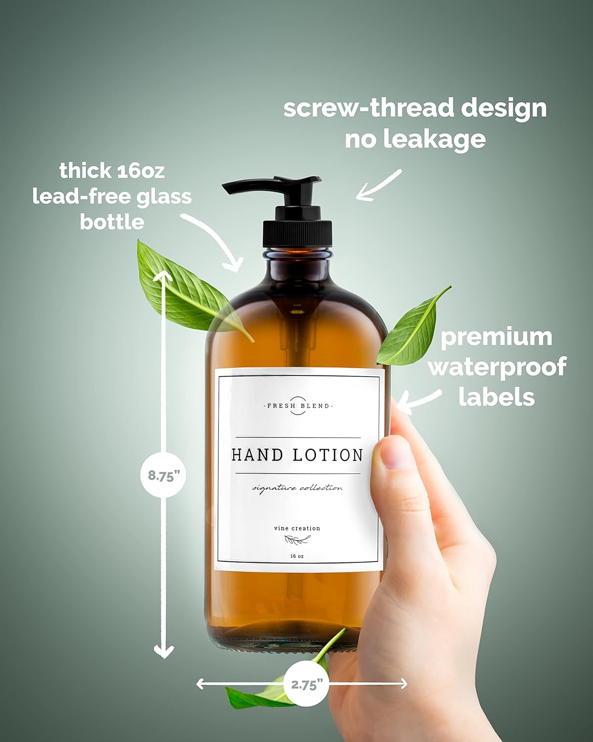 Vine Creations Amber Glass Soap Dispenser 2 Pack, Thick 16Oz Glass Bottles with Black Plastic Pump, Modern Kitchen Bathroom Decor, Hand Soap and Dish Soap Dispenser Jar, with Waterproof Labels (Amber) - Amber image number 5