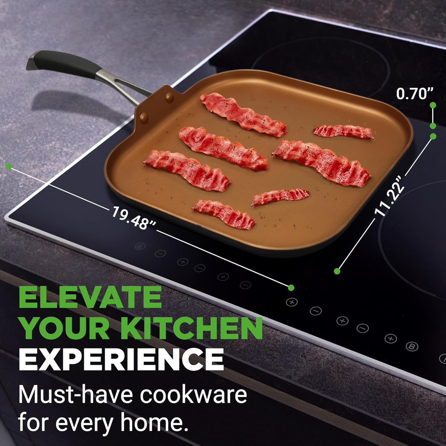 Nutrichef Nonstick Kitchen Cookware Set Copper Non-Stick Coating Inside, Hard-Anodized Look Heat Resistant Lacquer Outside, Silicone Handle NCSQPA, 1 Griddle image number 1