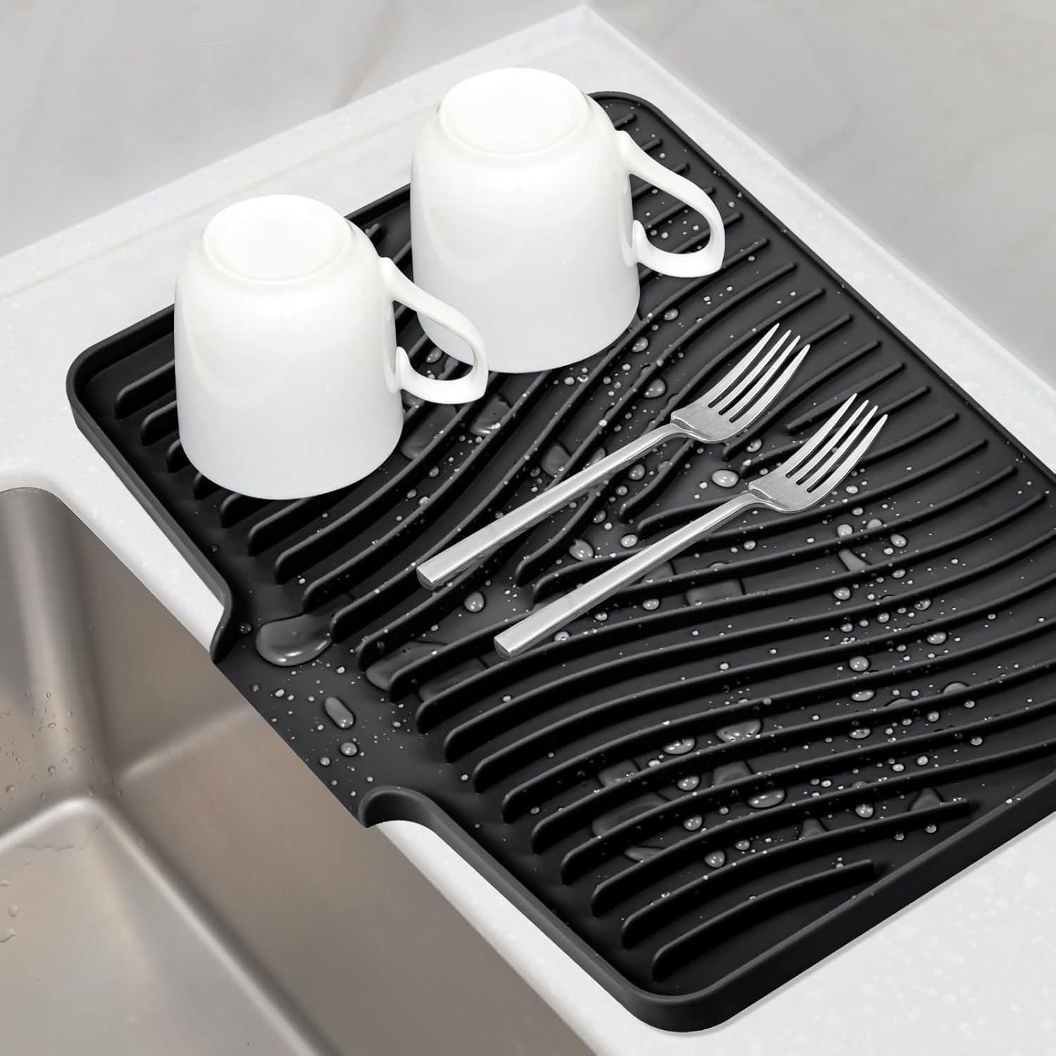 Silicone Dish Drying Mat for Kitchen Counter, Dish Drying Pad, Non-Slip Drain Pad with Built-In Drain, Heat Resistant Stone Drying Mat (Black, 40*30Cm)