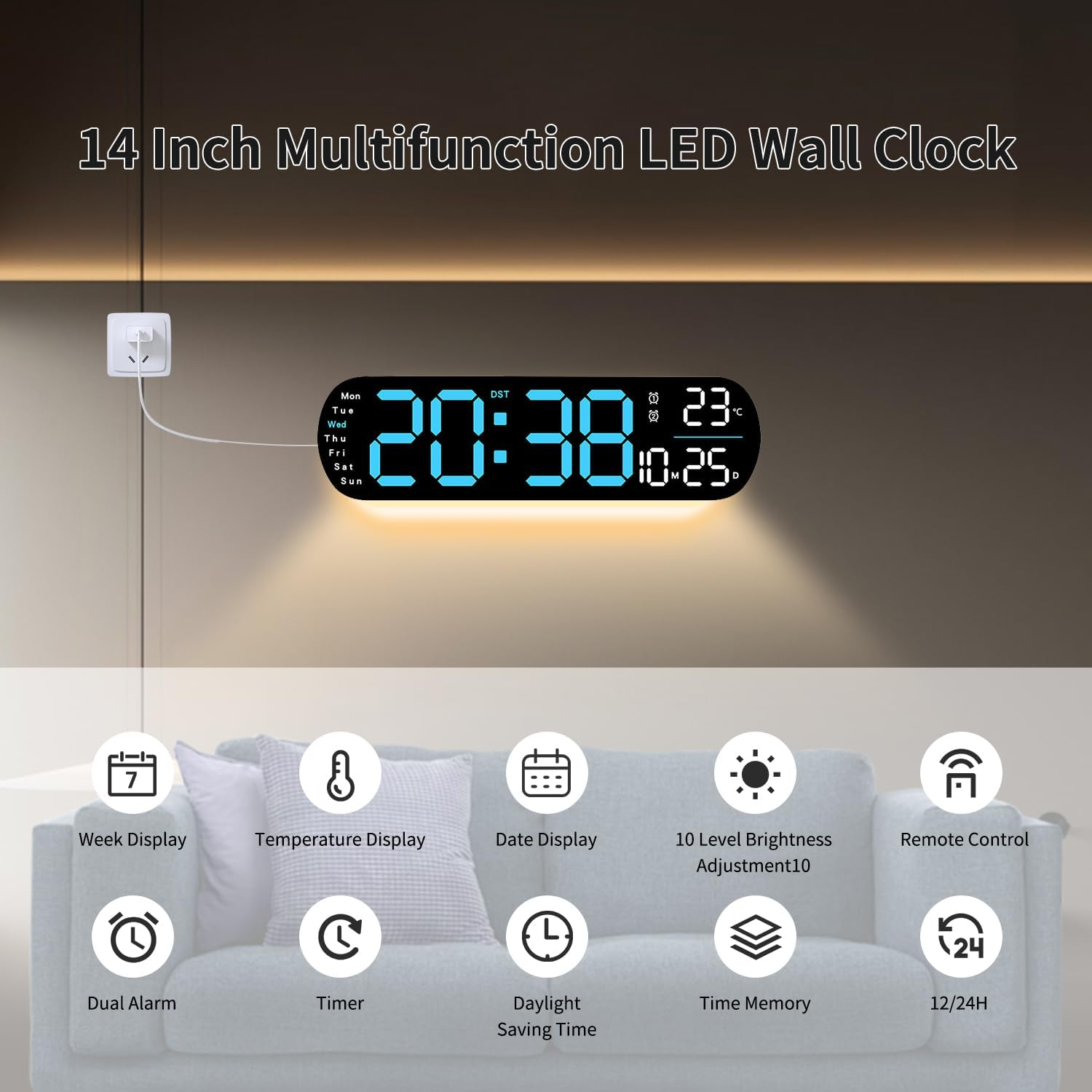 Digital Wall Clock, Necomi 14'' LED Digital Alarm Clock with 8 Color Ambient Light, Digital Wall Clock with Remote Control for Living Room, Day/Date/Temperature Display, Auto Brightness - Blue image number 6