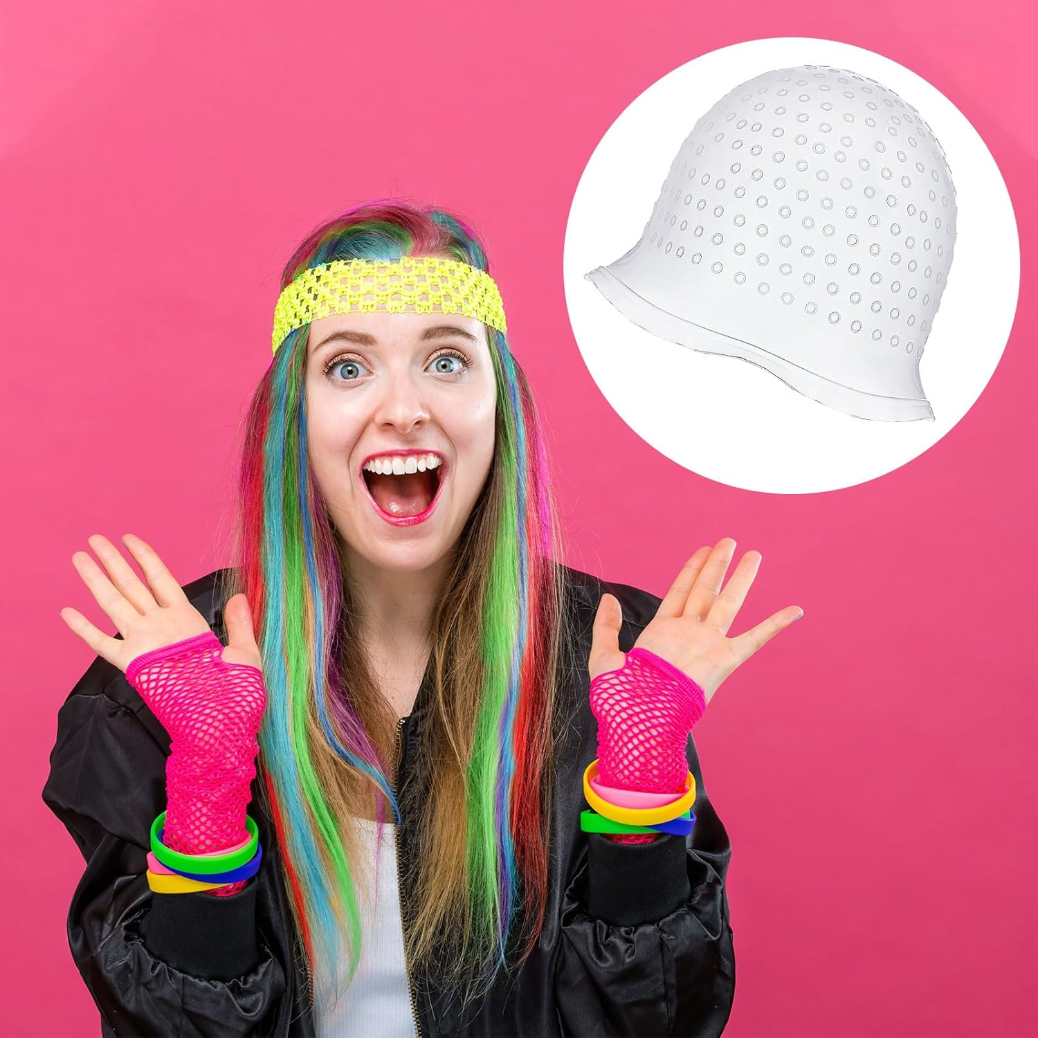 UILYNIU 4 Pieces Silicone Highlight Cap Highlight Hair Cap, Hair Colouring Highlighting Cap, Highlight Cap with Holes Hood 2 Hooks Needle, Colouring Hair Hairdressing Tool for Girls (White) image number 4