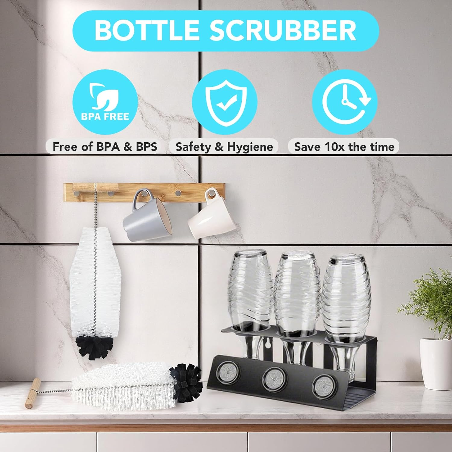 32 Cm Bottle Brush for Sodastream - Pack of 2 with Ergonomic Handle, White Bristles & Black Sponge - Ideal for Glass and Duo Plastic Bottles - Powerful Cleaning without Scratches image number 6