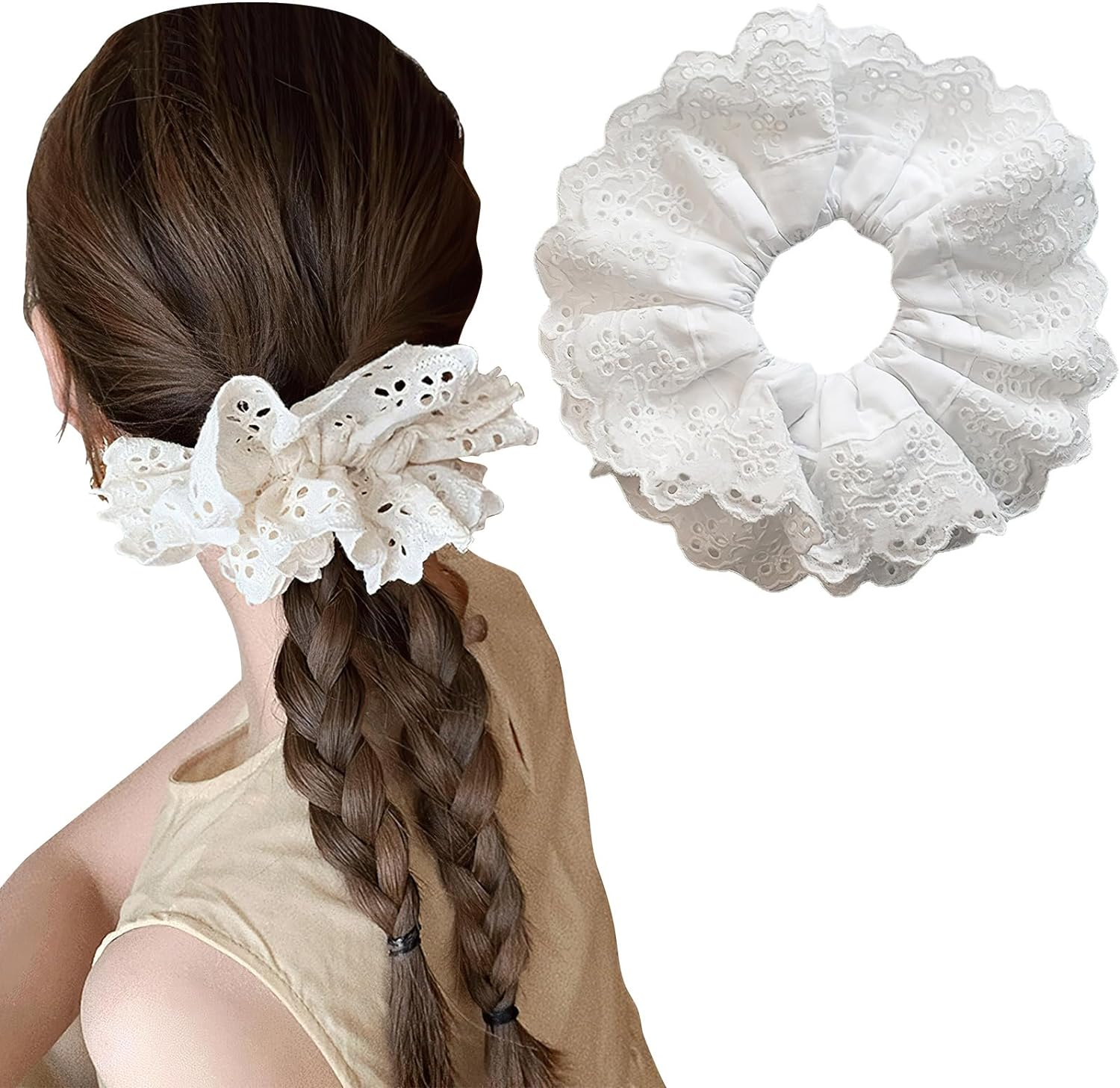 White Lace Scrunchies Large Elastic Hair Ties Ropes Hair Scrunchies, White Large Hair Scrunchies, Bobbles Ponytail Holders for Thick Hair, Thick Hair Bulk Scrunchies Accessories for Girl Women image number 3