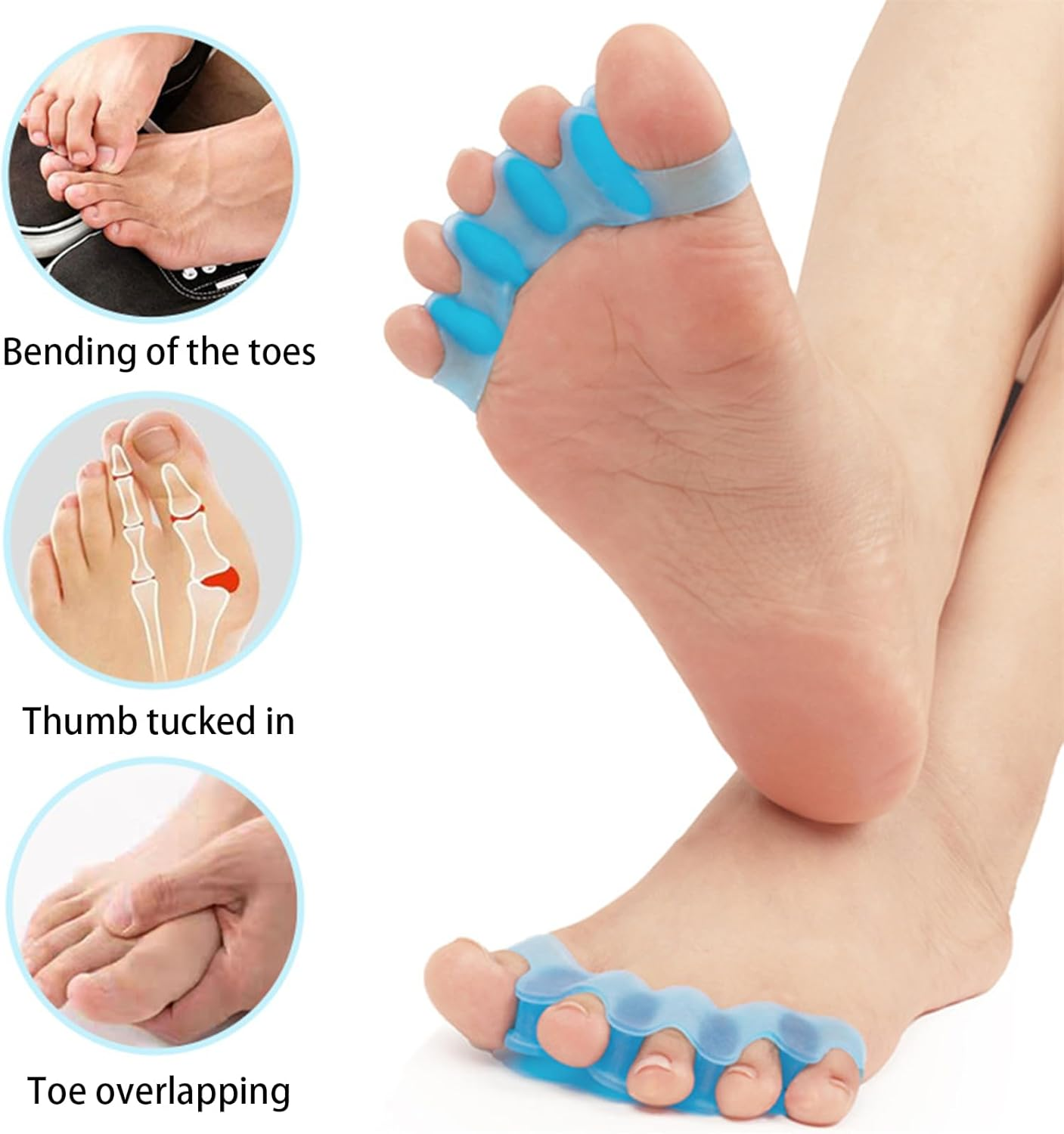 4 Pairs Soft Gel Toe Spacers for Bunion Correction Toe Separators Therapeutic Relief for Plantar Fasciitis Hammer Toes Claw Toes Foot Pain for Women Men Blue White image number 2