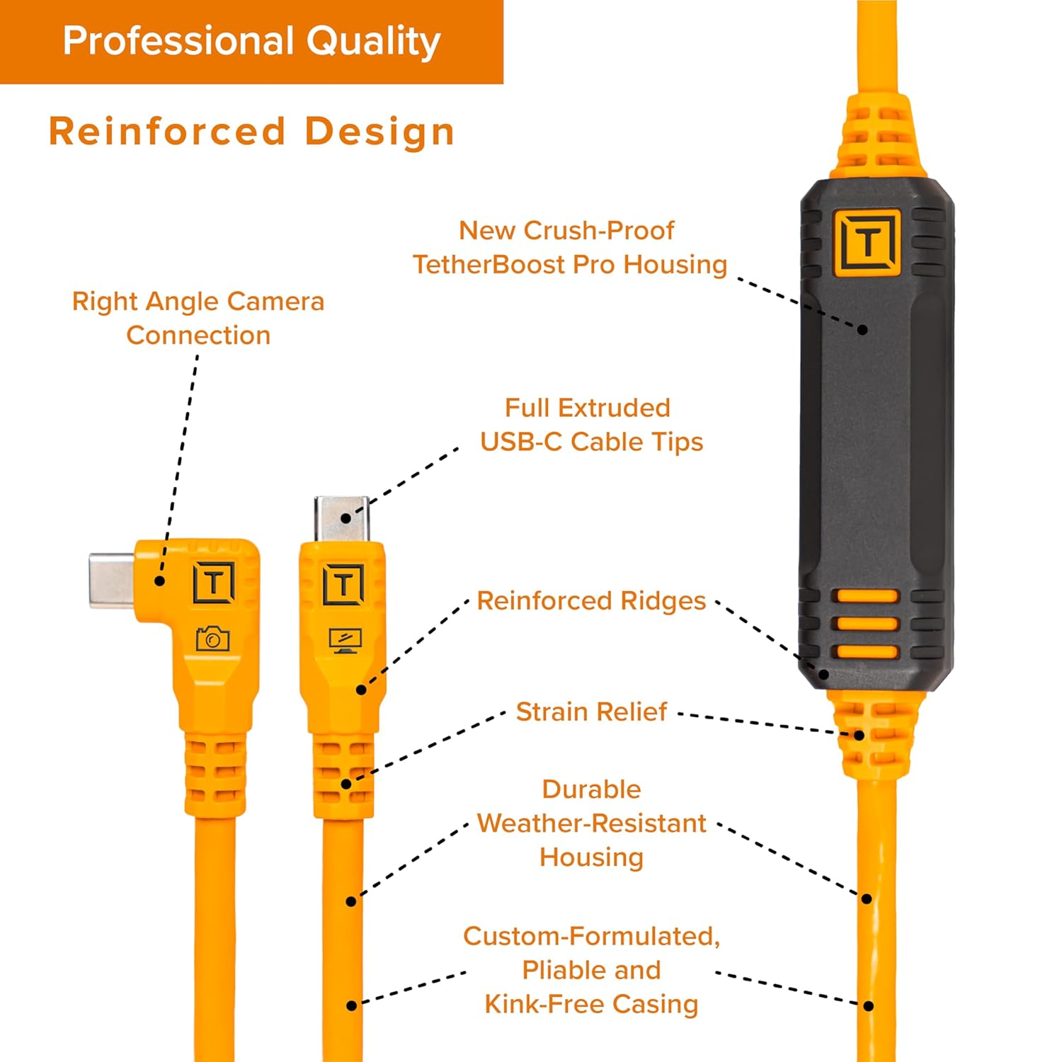 Tether Tools Tetherpro USB-C to USB-C, 31' (9.4M), Straight to Right Angle Cable with Dual In-Line Tetherboosts, & Exclusive Data Transfer - Orange image number 4