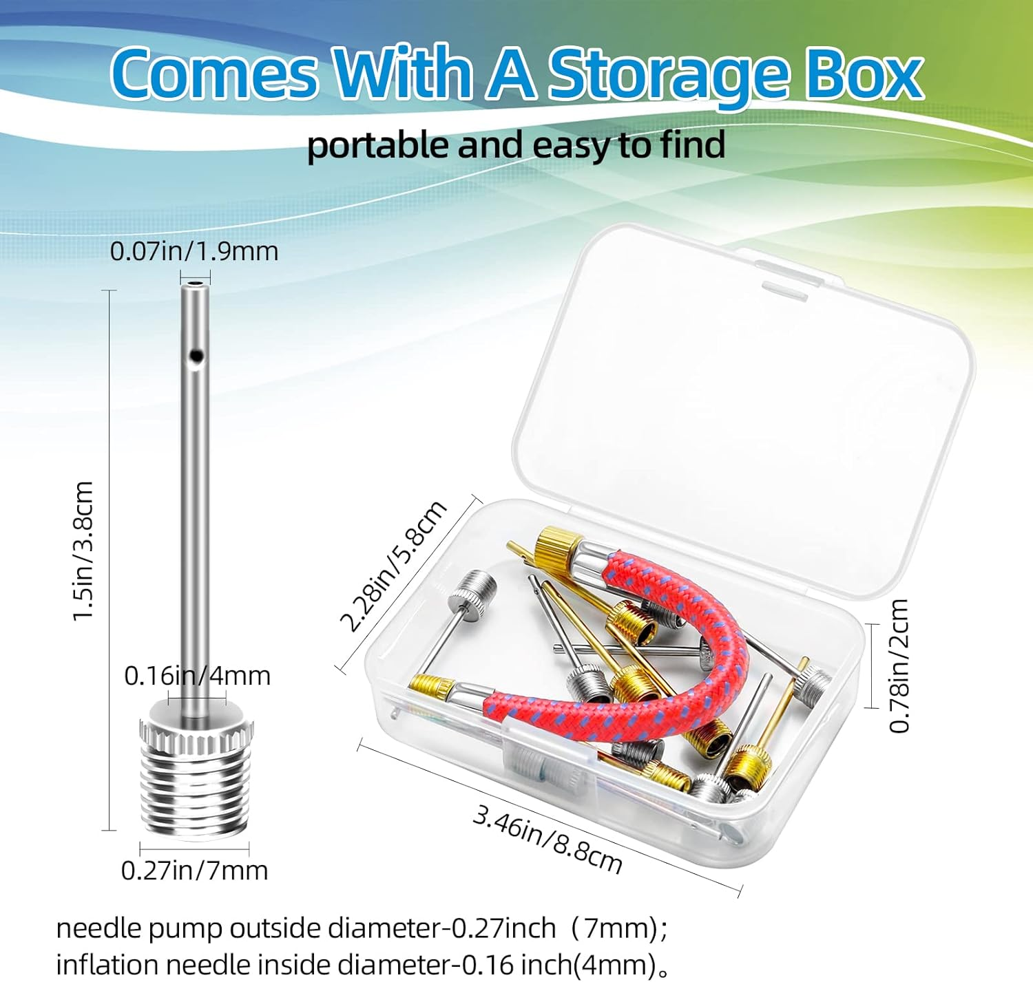 16PCS Air Pump Needle, Dual-Port Inflation Needles, Air Inflation Needle for Football Basketball Soccer Ball Volleyball Rugby Balls and Other Sports Balls Replacement Needles with Portable Storage Box image number 4