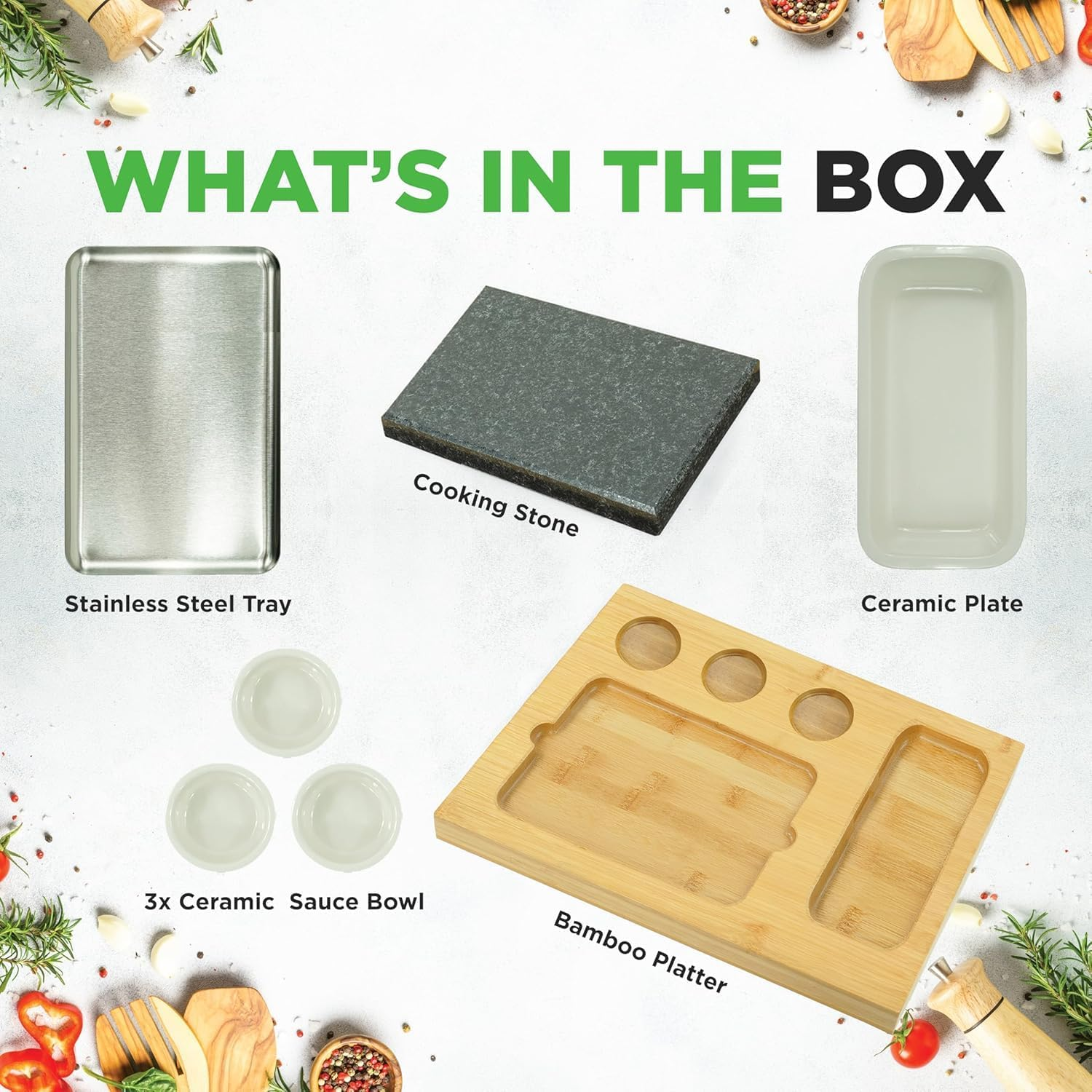 Nutrichef Sizzle Hot Stone Cooking Set with Bamboo Platter, Ceramic Sauce Bowls & Stainless Steel Tray &ndash; Tabletop Grill for Steak, Seafood & Dining Entertainment image number 2