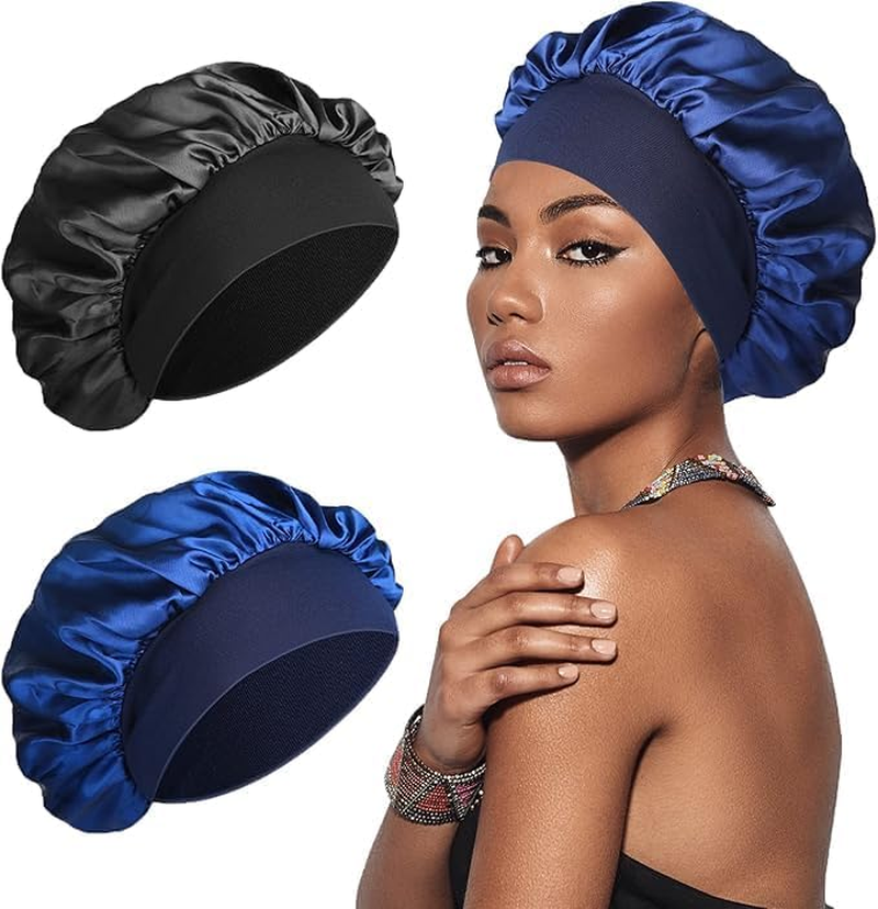 Hroevc 2PCS Silk Bonnet Satin Bonnet, Silk Hair Wrap for Sleeping, Soft and Comfortable Sleep Cap (Black+Pink)