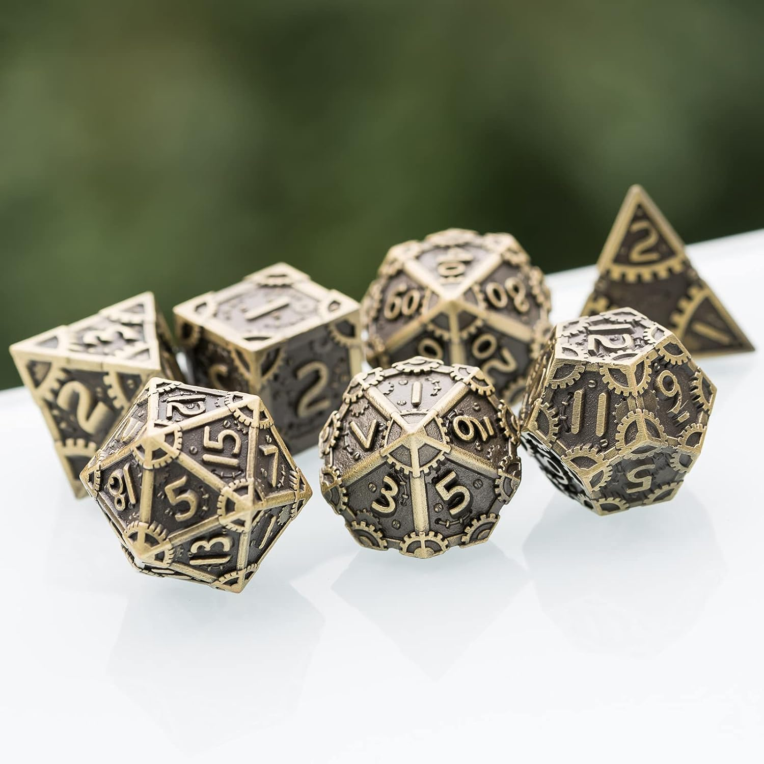 UDIXI Steampunk Style Metal Dice Set 7 Die Polyhedral DND Dice Set D&D Dice for Dungeons and Dragons Role Playing Game and Math Teaching (Ancient Bronze) image number 3