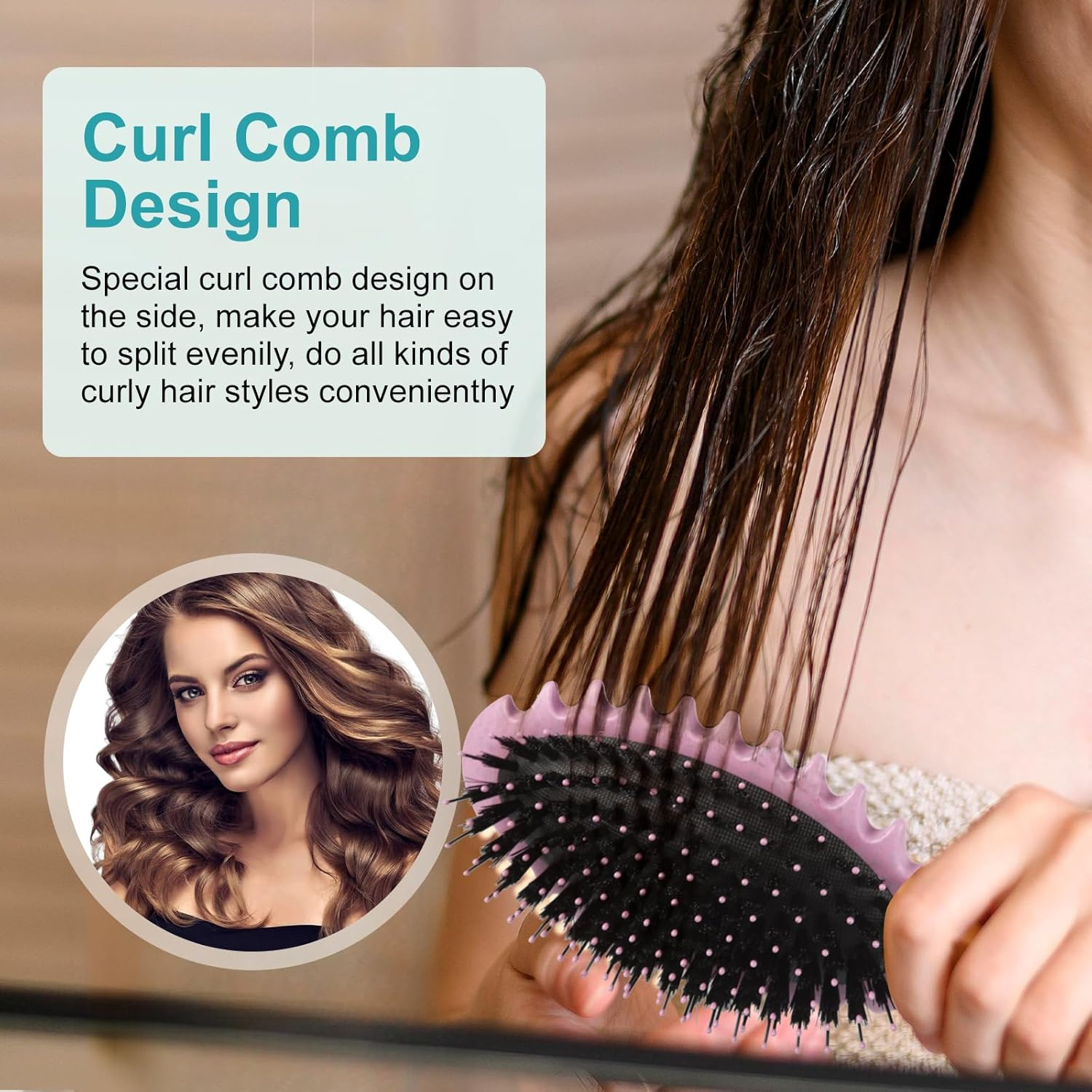 Boperzi Curly Hair Brush, Curl Brush, Boar Bristle Hair Brush Styling Brush, 2024 New Curly Hair Brush for Detangling for Combing Men and Women (Pink) - Purple image number 3
