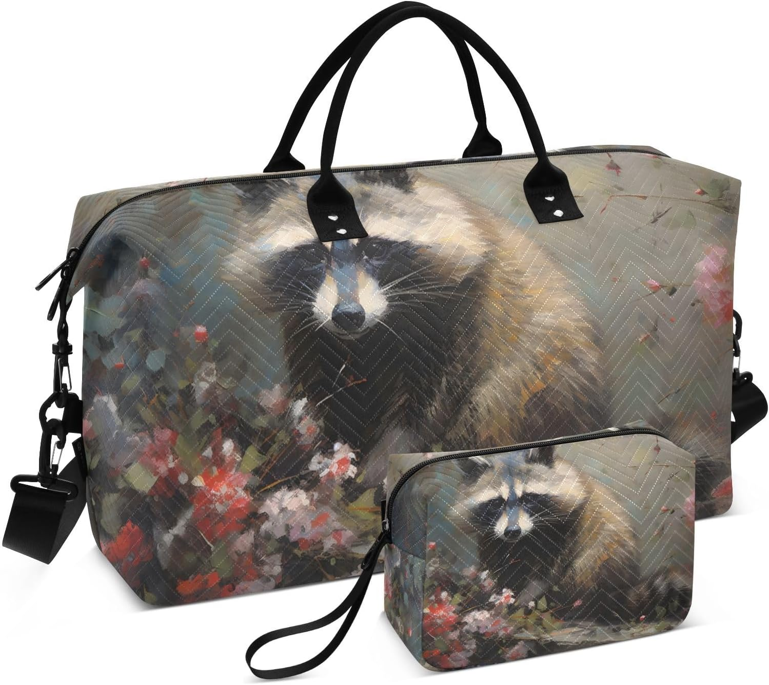 WOIWB Duffel Bag Set with Toiletry Bag for Travel Gym Sport, Luggage Sleeve Weekender Bag Carry on Overnight Bag-Paint of Raccoon Print, Multicolor, 20.5 X 7.9 X 13.8 Inches+9.1 X 3.5 X 5.9 Inches