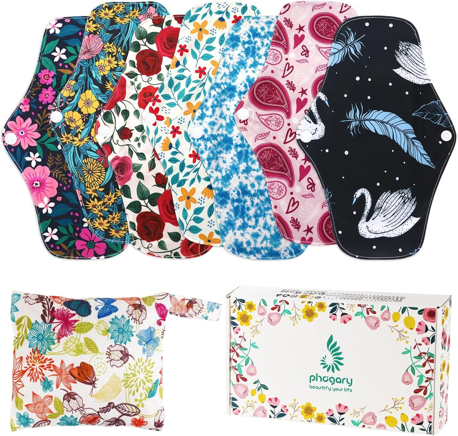 Reusable Menstrual Pads, Cloth Pads for Heavy Flow with Wet Bag, Large Sanitary Pads Set with Wings for Women, Washable Overnight Cloth Panty Pad Liners (7 in 1, 25.4Cm 4 Layers) image number 1