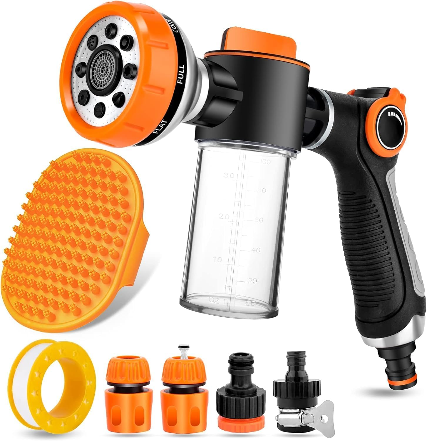 8-In-1 Garden Hose Nozzle Sprayer, Dog Wash Attachment with 100Cc Soap Dispenser, Brush, Orange image number 2