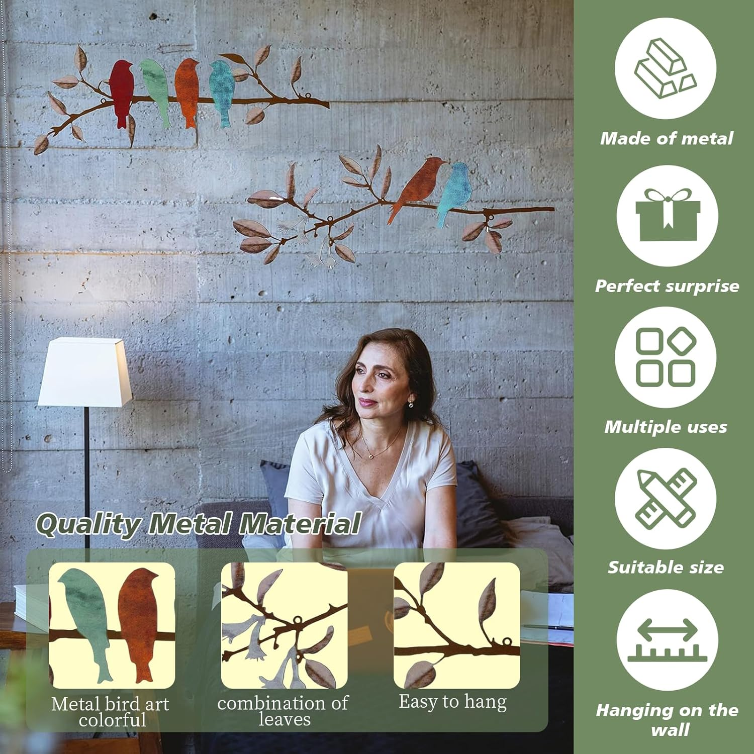 2 Pcs Metal Birds Hanging Bird Picture Wall Decor, Vivid Birds on Branch Art, Metal Silhouette Sculpture, Colorful Leaves Rustic Decor, for Balcony Garden, Indoor & Outdoor (Black) - Black image number 4