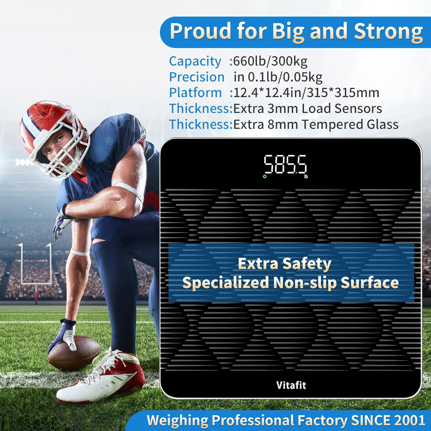 Vitafit Amazing 300Kg Smart Bathroom Scales in 0.05Kg, High Accuracy Assured by Digital Scale Professional Factory since 2001, Large Platform with 8Mm Non-Slip Tempered Glass, LED, Black image number 1