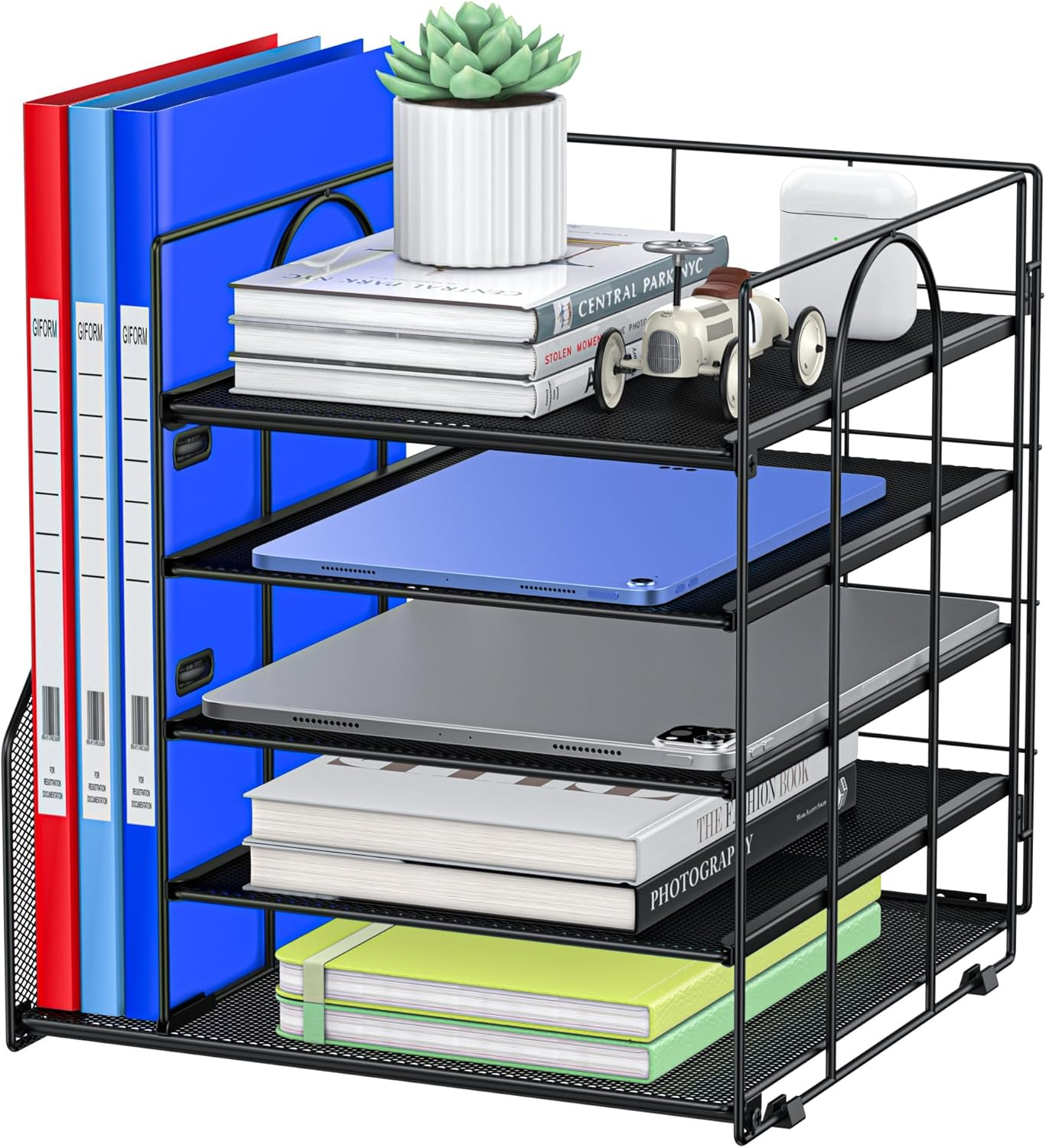 Auvo ADO04 Metal Mesh Desk Organizer, 5-Tier Paper Letter Tray with File Holder, Vertical Magazine/File Holder, Desktop Organizer for Office Supplies, Black