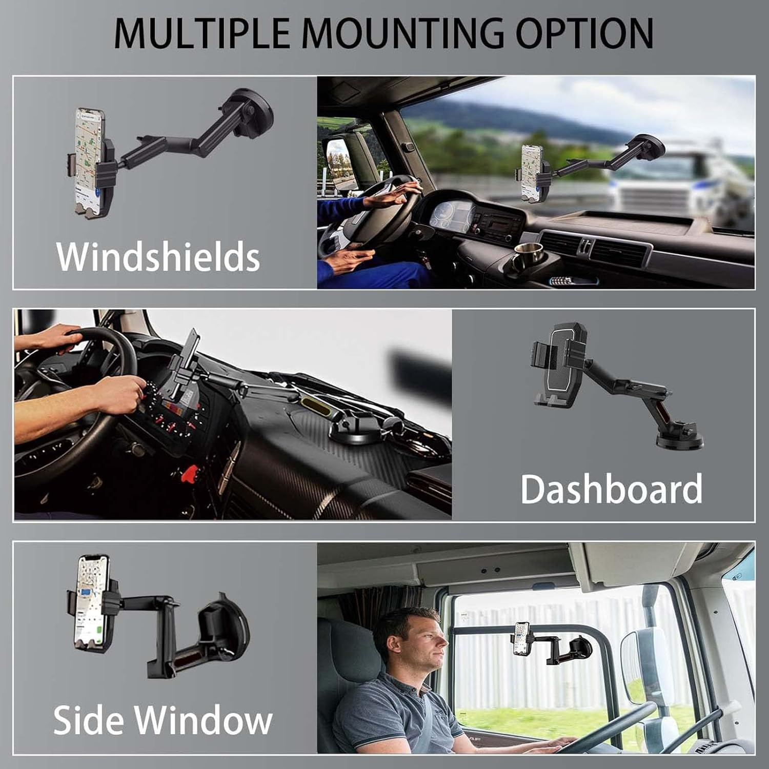 Car Phone Holder Mount, Heavy Duty Shockproof Truck Phone Mount with Flexible 3 Point Long Arm, 360&deg; Rotation, Strong Suction, for Dashboard Windshield image number 6