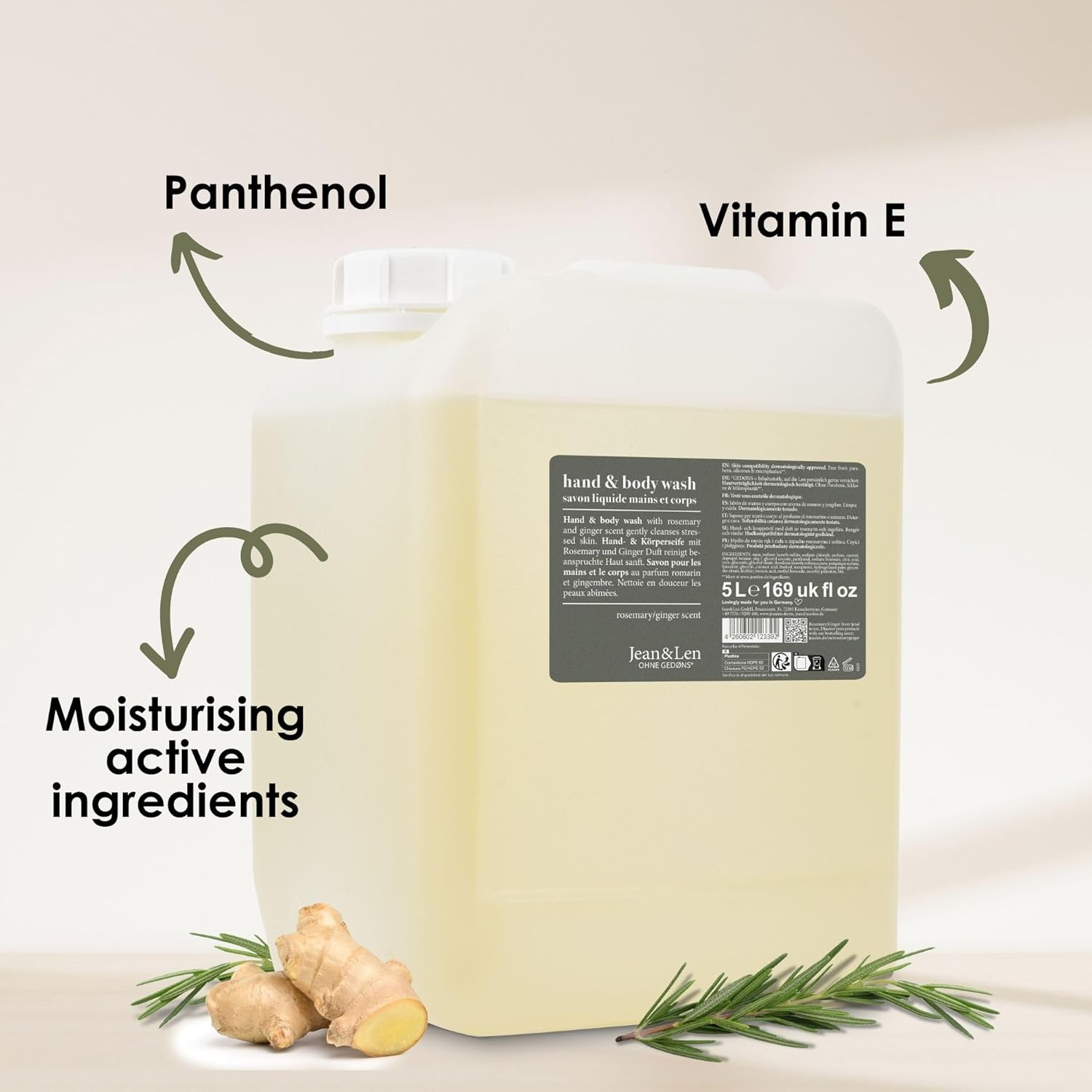 Jean & Len Hand & Body Wash Rosemary and Ginger in Canister, Cleans and Nourishes the Skin, Spicy Fresh Fragrance, Liquid Soap in Refill Canister, Silicone, Parabens & Microplastics, 5 L image number 3