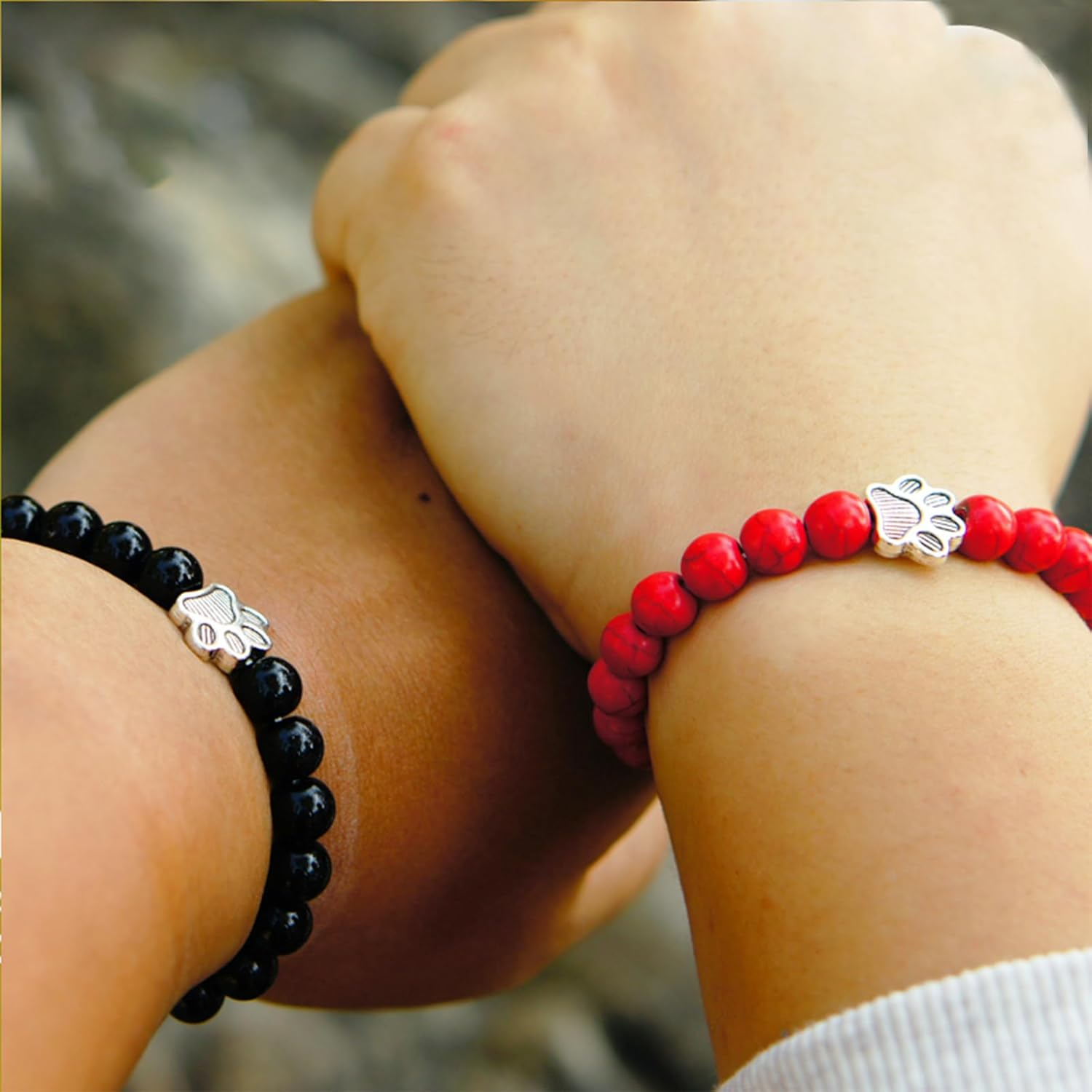 POYAMUSE Lovely Pet Paw Turquoise Beaded Strand Bracelet for Women Men Pet Memorial Jewelry, Cute Dog Cat Paw, Colorful Turquoise Beads - Black Matt image number 2