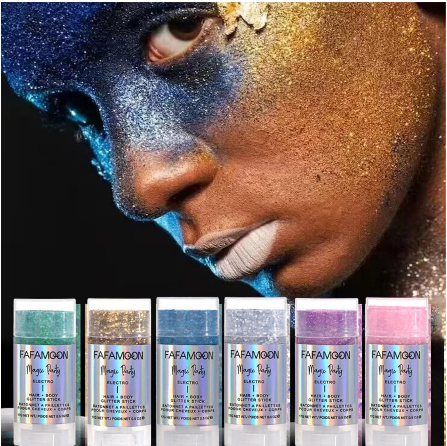 6 Color Chunky Glitter Gel Stick Face & Body Shimmer for Festivals, Makeup & Nail Art | Iridescent Flakes for Eyes, Lips, Hair image number 2