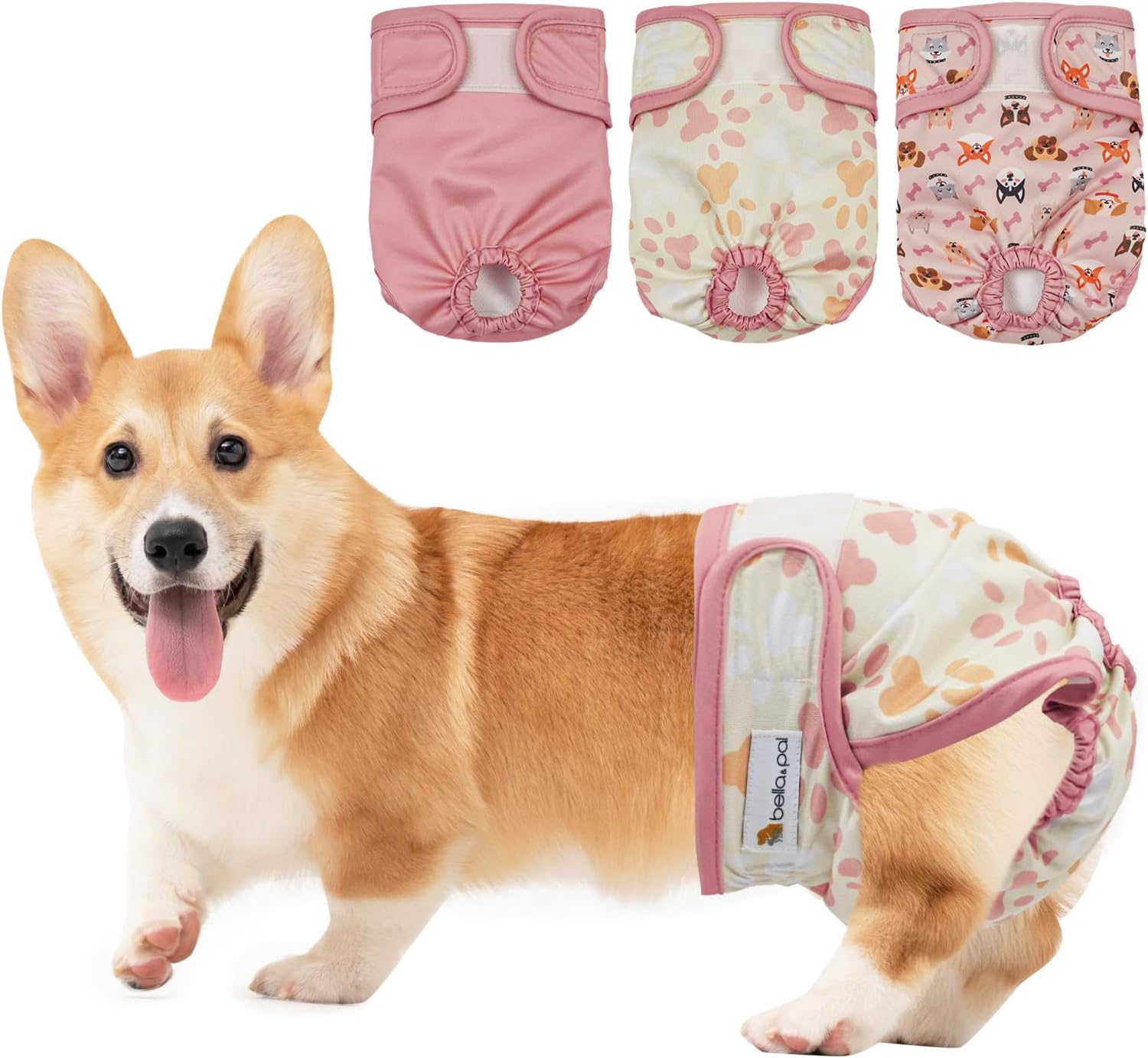 BELLA & PAL Washable Dog Diapers Female, 3 Pack Highly Absorbent Dog Diapers for Small Dogs, Leak-Proof Puppy Diapers for Female Dog in Heat, Period (XS (7-10" Waist), Pink& Purple& Green) - L (19- 25" Waist), Natural Joy
