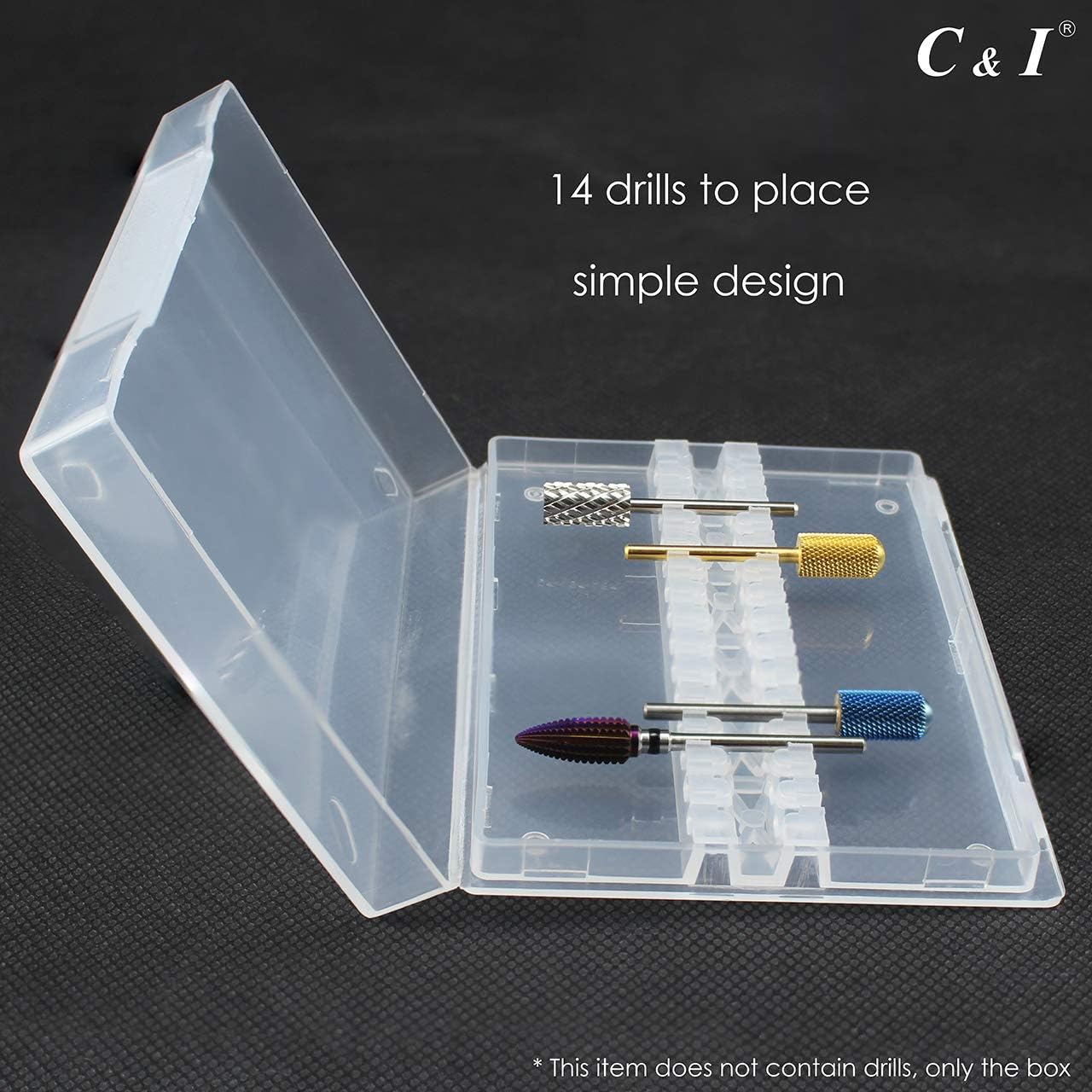 C & I Nail Drill Bit Holder, Max 14 Nail Drills Hold, Dustproof, Clear, Portable Mini Box, Easy to Carry-On, E-File Box (Drill Bits Not Include) image number 4