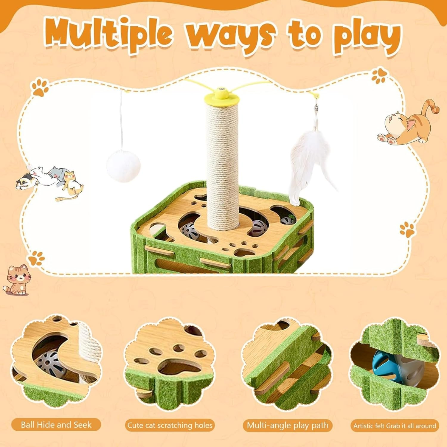 Cat Scratching Post with Multiple Interactive Toys, Vertical Sisal Cat Scratcher with Dangling Balls, Feather Teaser, Kitten Track Ball Toy for Indoor Cats (Square,Puzzle Box with Cat Post) image number 4