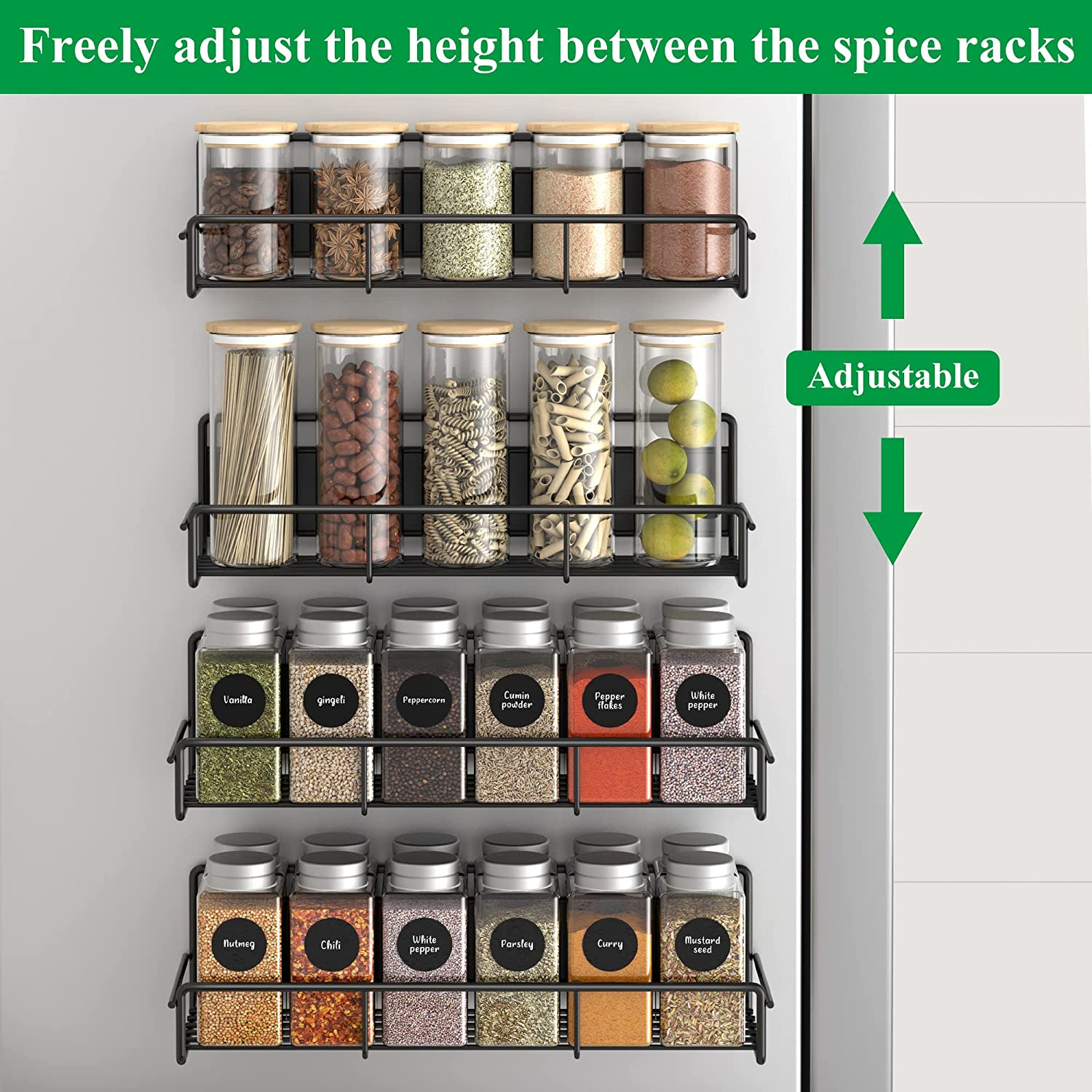 4 Pack Magnetic Spice Rack Organizer for Refrigerator and Microwave Oven, Metal Fridge Shelf for Kitchen, Black image number 6