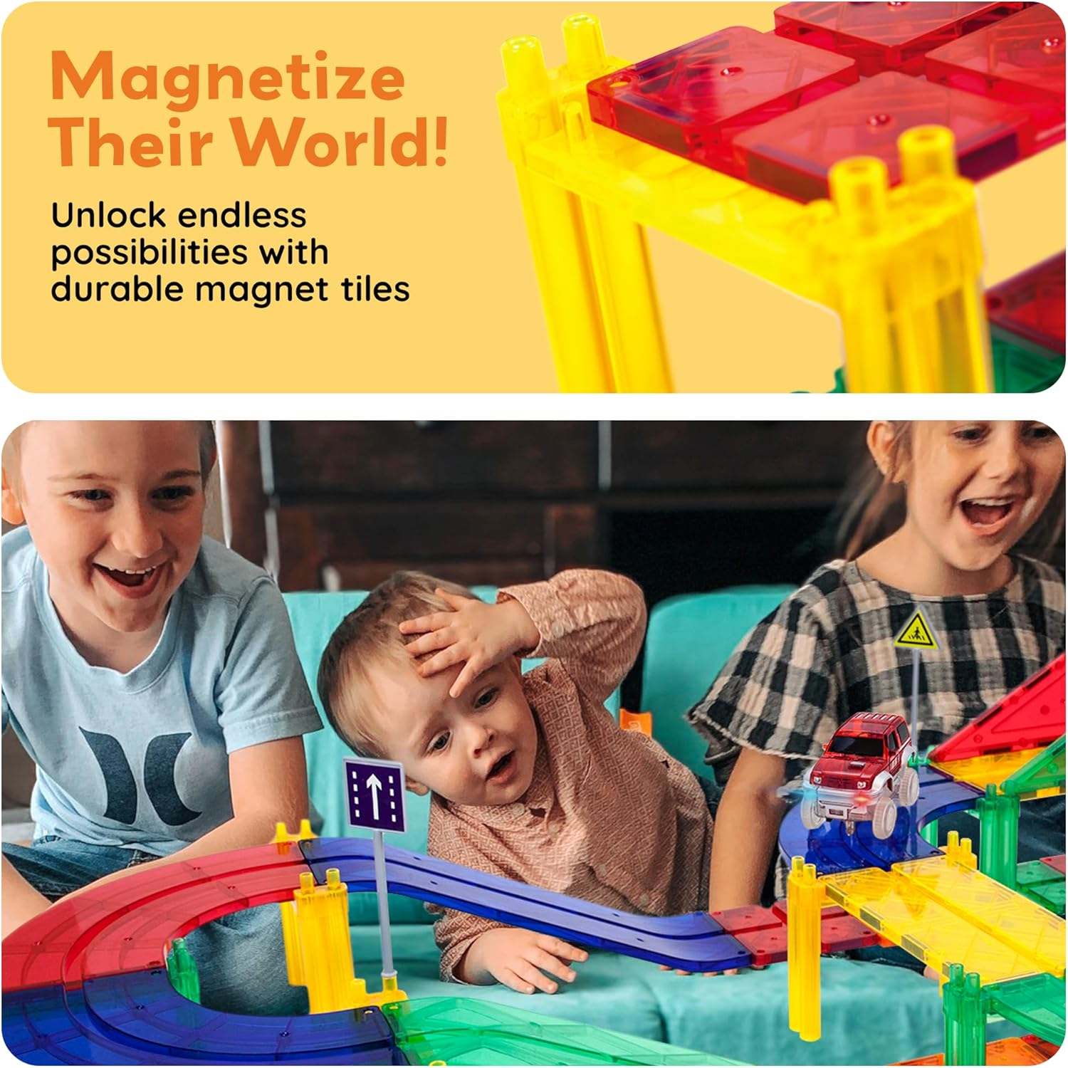 Picassotiles 100 Piece Race Car Track Building Blocks Educational Toy Set Magnet Tiles Block Playset 2 LED Cars STEM Learning Construction Building Kit Child Brain PTR100&hellip; image number 3