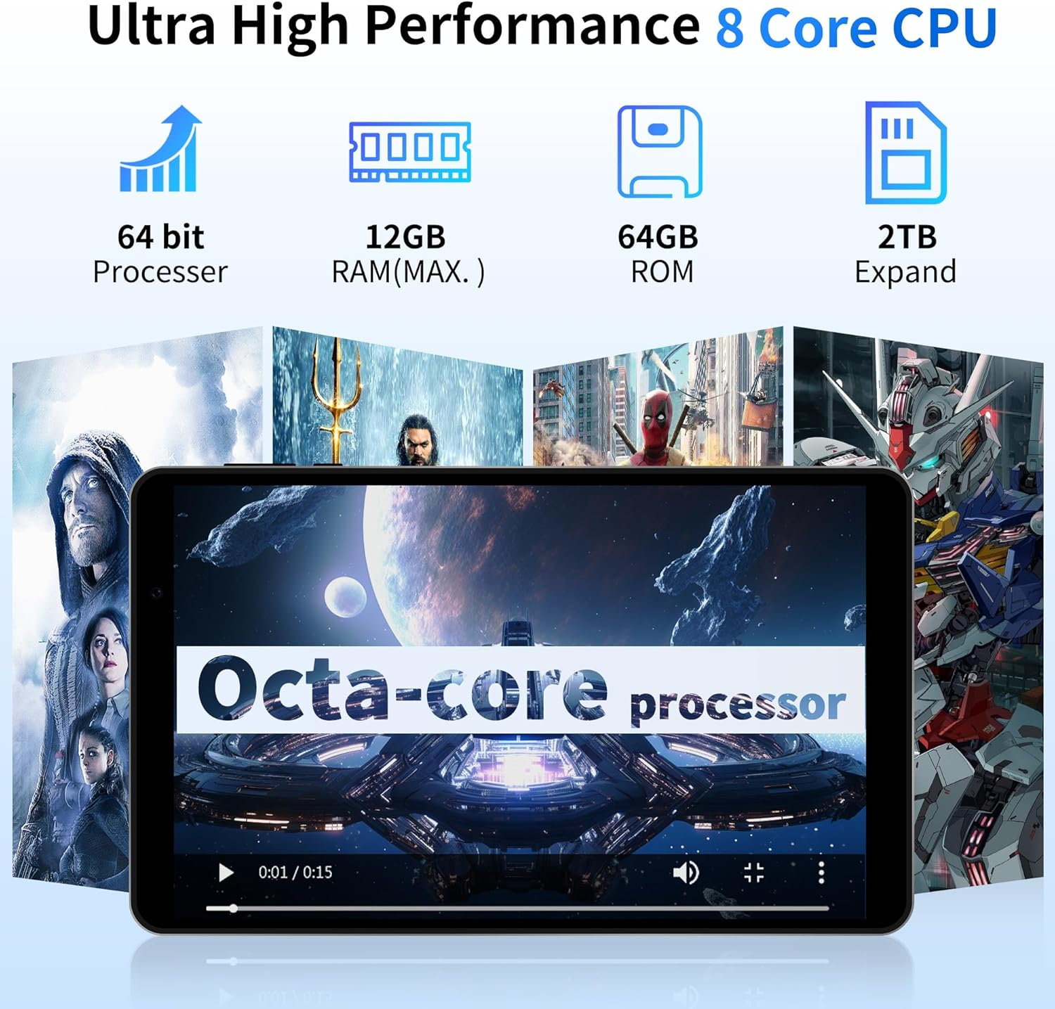 2025 Android 15 Tablet 8 Inch Tablet, Octa-Core Processor, 12GB RAM 64GB ROM 2TB Expandable, 1280 * 800 IPS HD Screen, Wifi6, BT5.4, Widevine L1, 5MP+8MP Dual Camera Tableta - Grey - Black image number 3