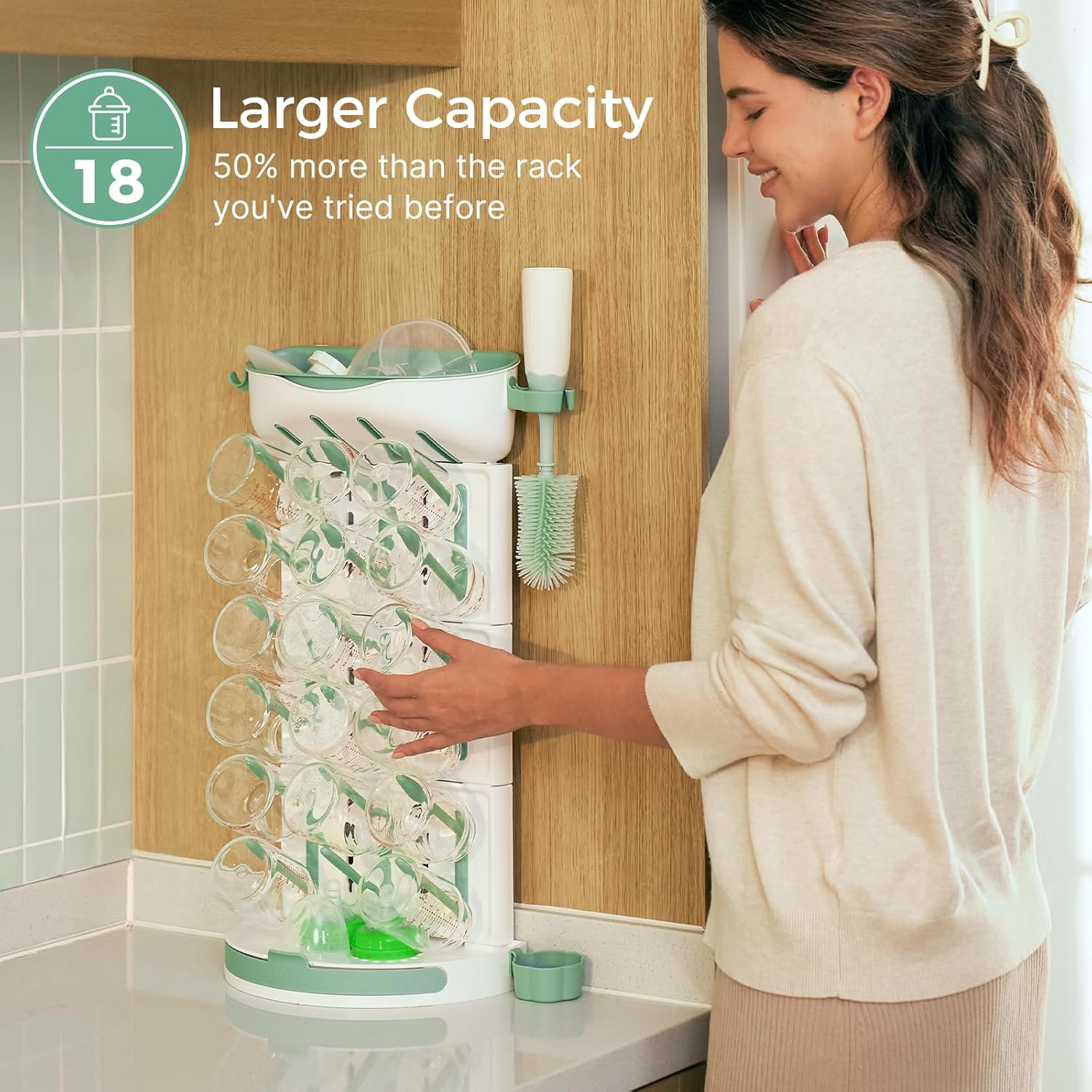 Momcozy DIY Larger Bottle Drying Rack for 18 Bottles, Space Saving Countertop Vertical Rack with Brushes Holder, Detachable Travel Bottle Rack for Baby Accessories & Pump Parts image number 3