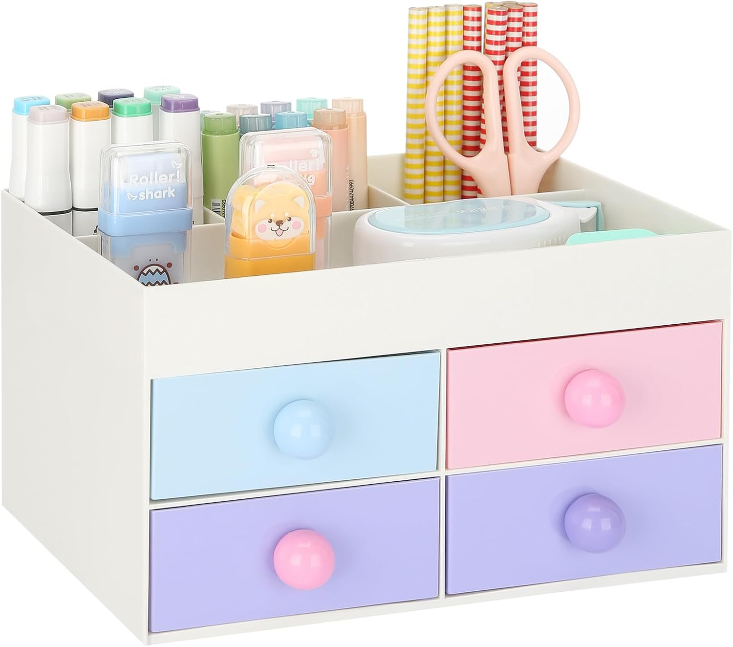 LETURE Desk Organizer Office Desktop Organizer with Drawer, Desk Top Accessories Stationary Organizer Desk Caddy, Pen/Pencil/Business Card/Sticky Note Tray/Paperclip Holder Storage Box (White)