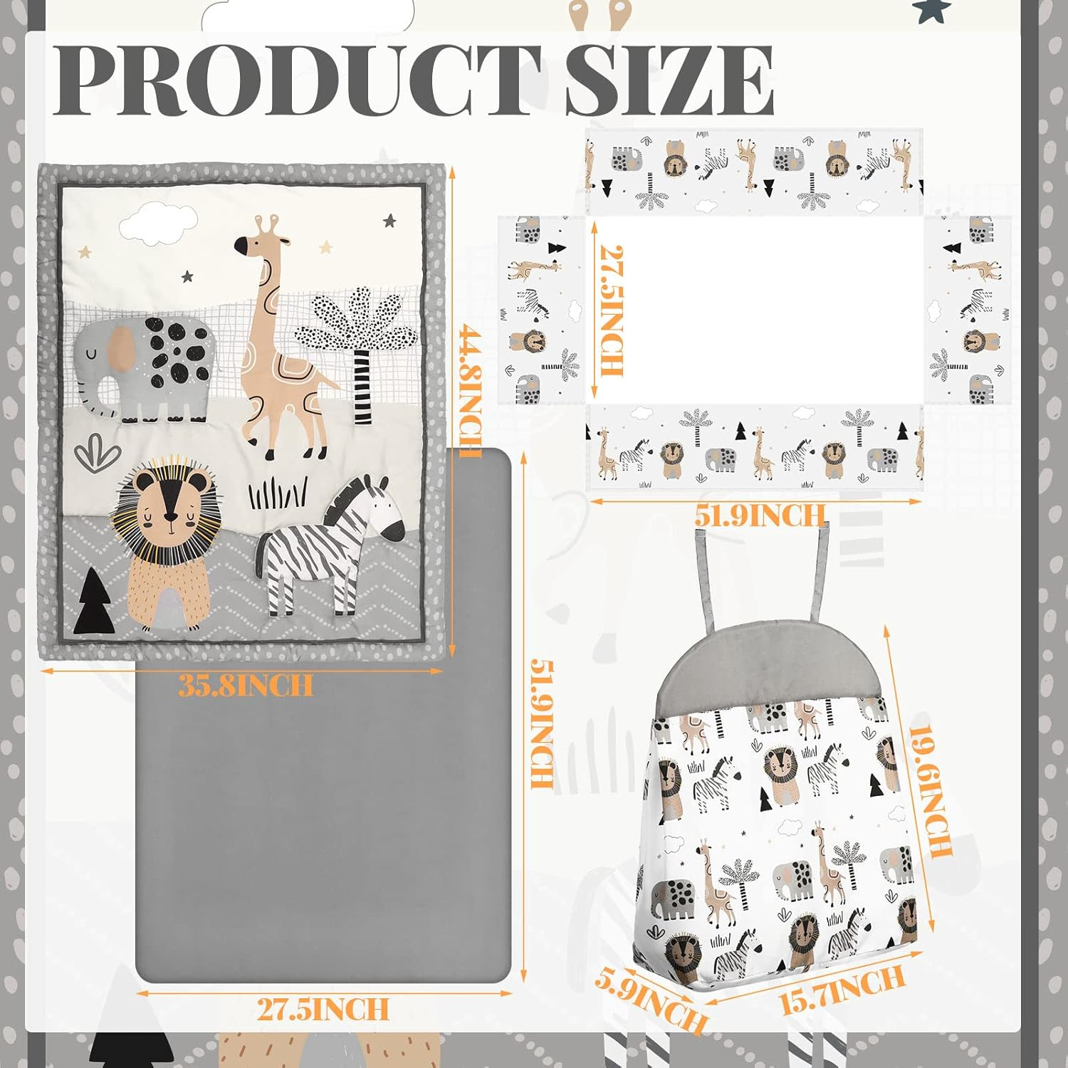 4 Piece Woodland Forest Animals Crib Bedding Set, Including Jungle Safari Crib Skirt, Blanket, Nursery Bed Sheet and Diaper Stacker, Soft Neutral Nursery Standard Size Baby Bedding for Baby Girls Boys