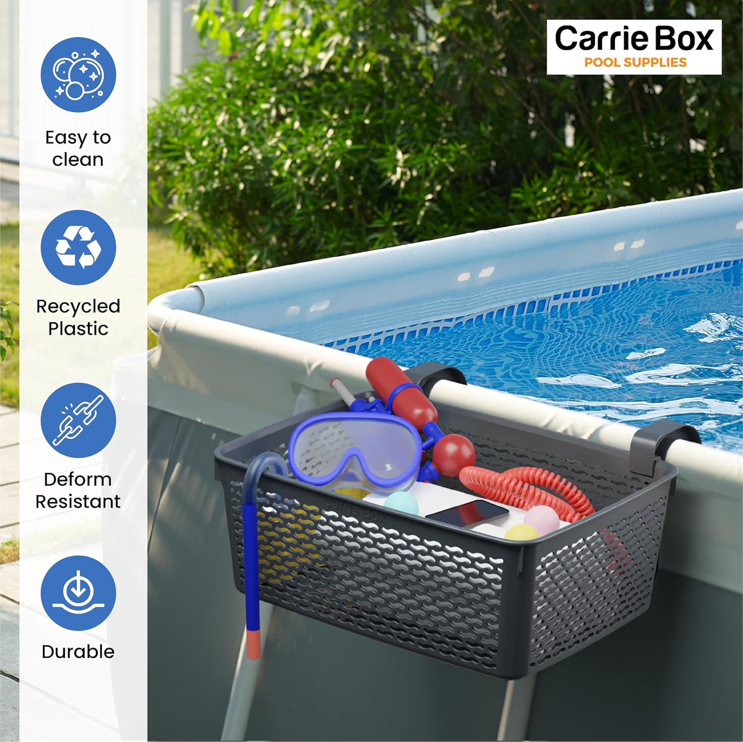 Carrie Box Poolside Storage Basket, Recycled Plastic, Pool Cup Holder, above Ground Accessories, for Most Frame Pools, Europe Made, Fits 2.3 Inch or Less Top Bar Charcoal - Blue image number 2