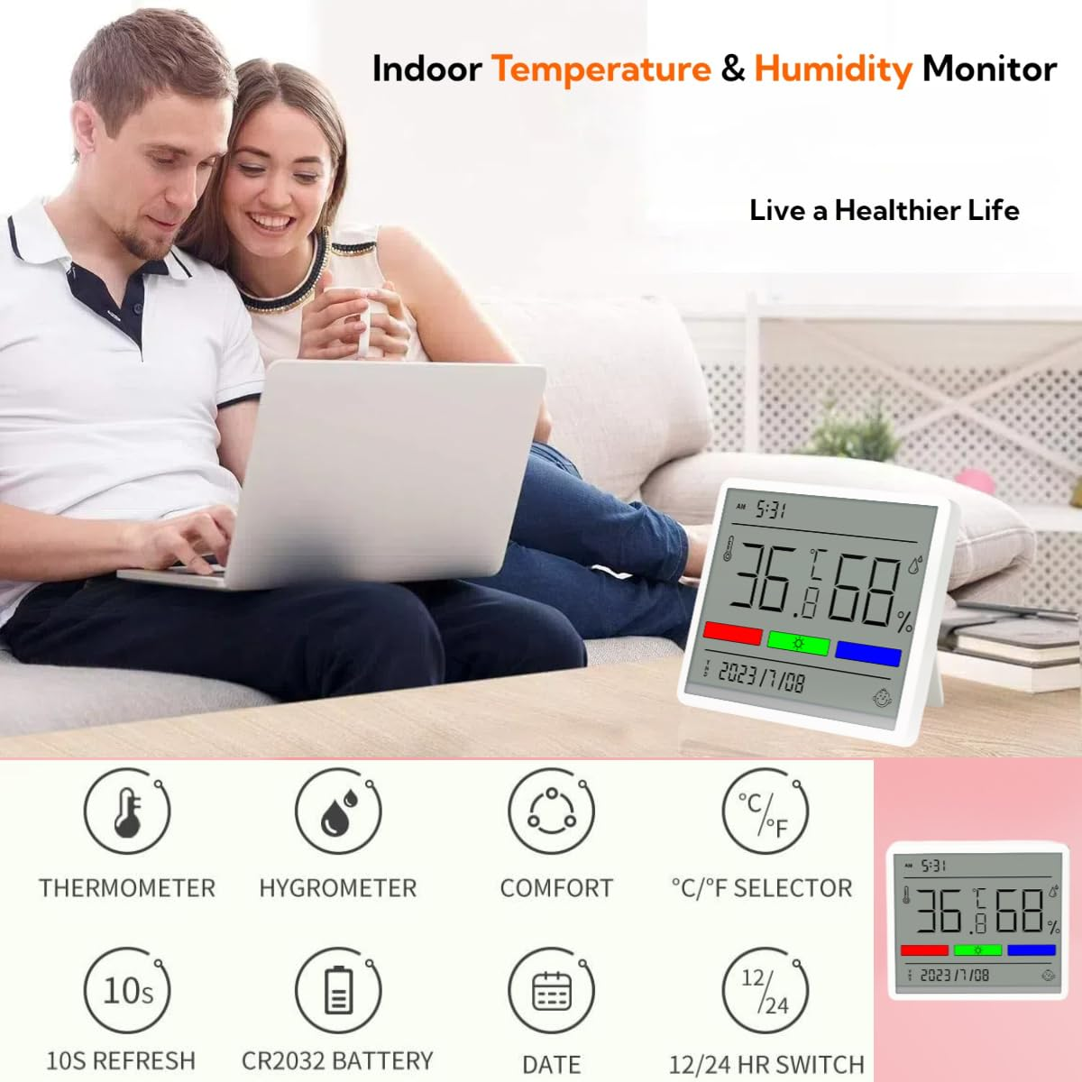 Digital Hygrometer Indoor Thermometer Humidity Meter with Time and Date Display, W.Sealet High Accuracy Room Thermometer Humidity Sensor with Large LCD Screen Display for House-White