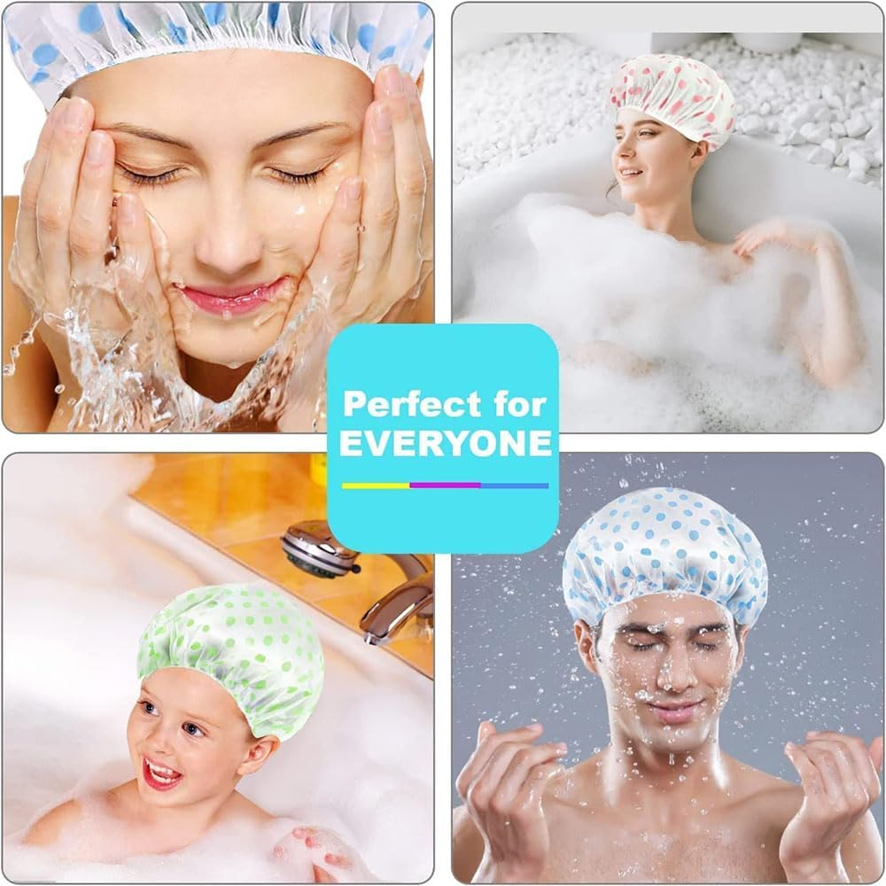 6PCS Waterproof Shower Caps for Women and Men, Reusable Adjustable Hair Bath Caps for Spa, Baby Care, Face Washing, Kitchen, Polka Dot Design image number 3
