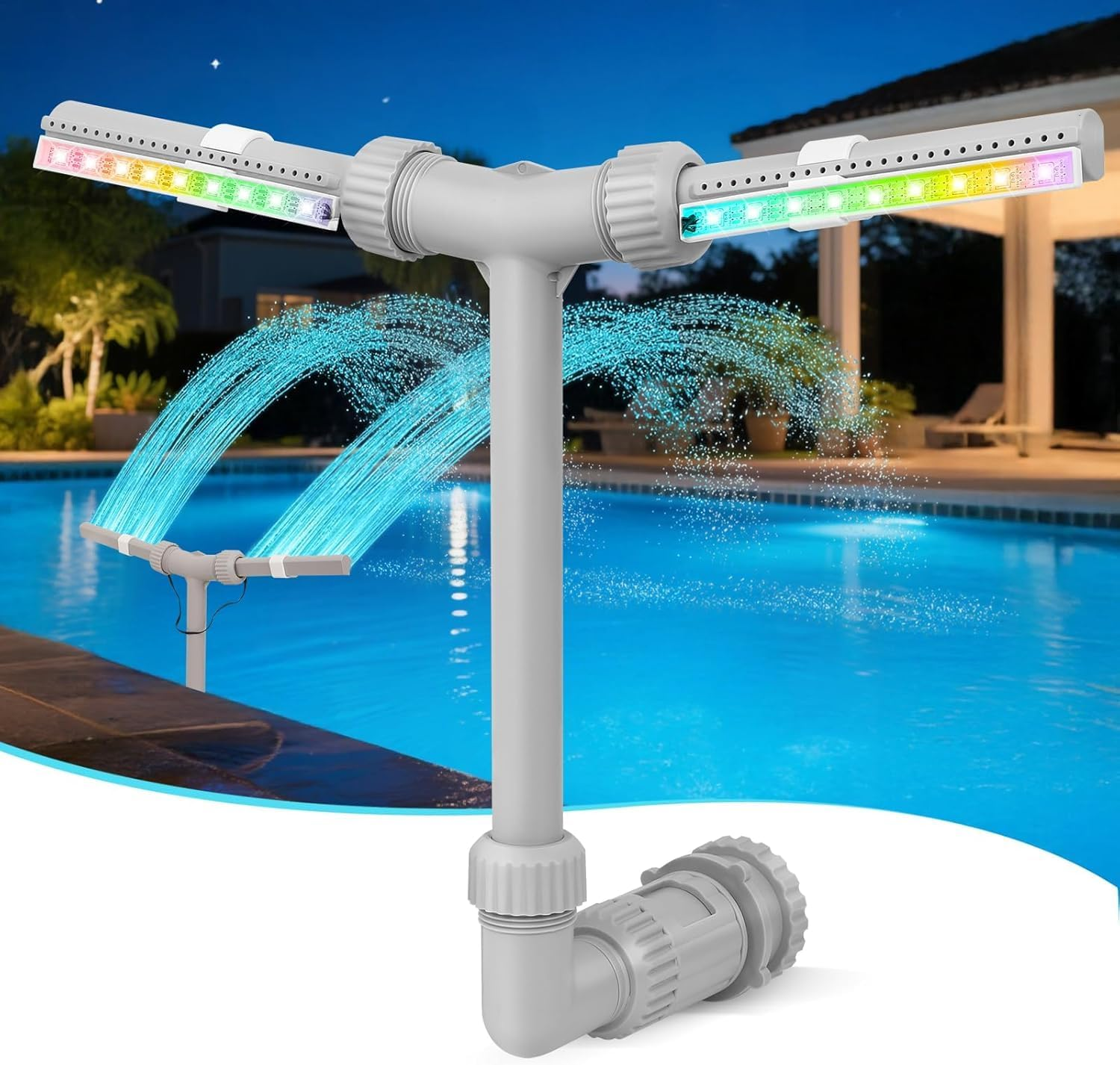 Solar Pool Fountain with Lights, for above and In-Ground Pool with 11Color 6-Mode LED Lights Control by APP, High-Pressure Waterfall, 360&deg;Adjustable Dual Spray Waterfall Sprinkler, for Pool Parties image number 1