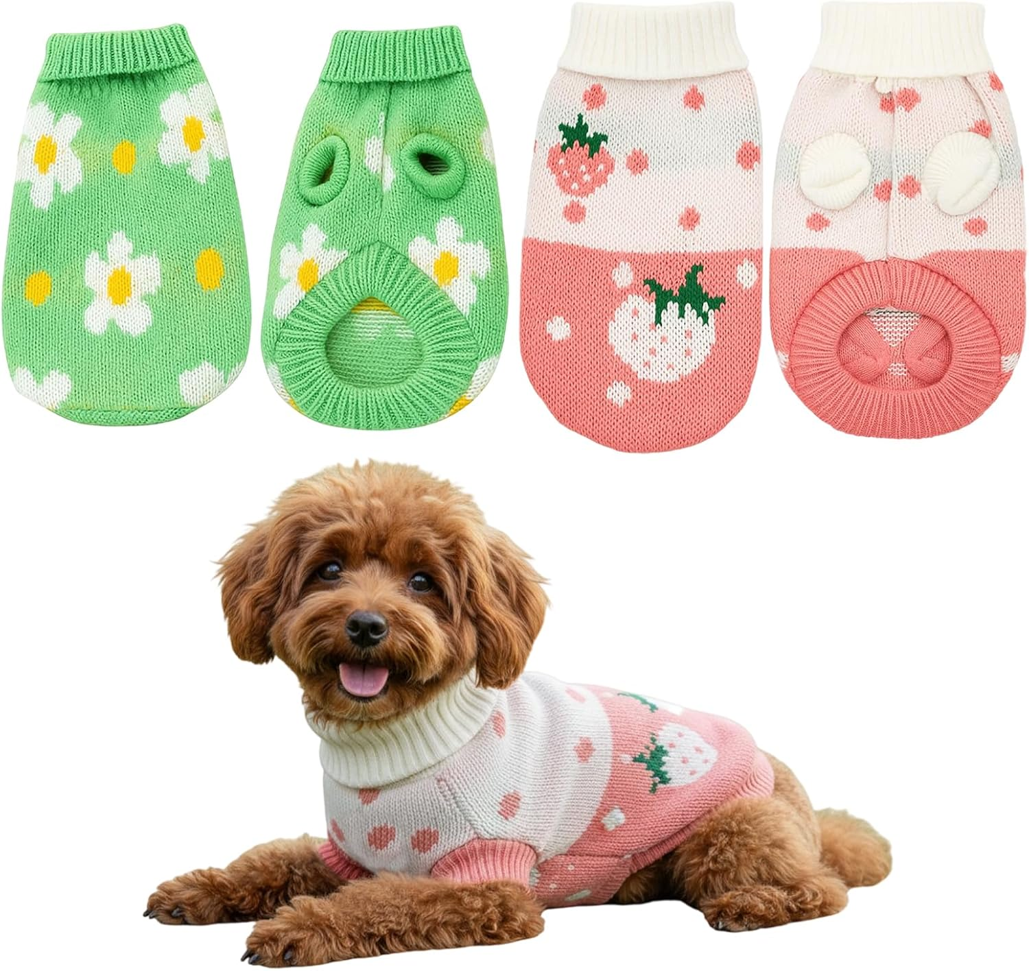 Pack of 2 Dog Jumpers for Small Dogs, Soft Knitted Jumper for Dogs and Cats, Winter Clothing for Pets Such as Rabbits and Guinea Pigs, Green and Pink Strawberry Pattern, 23 Cm