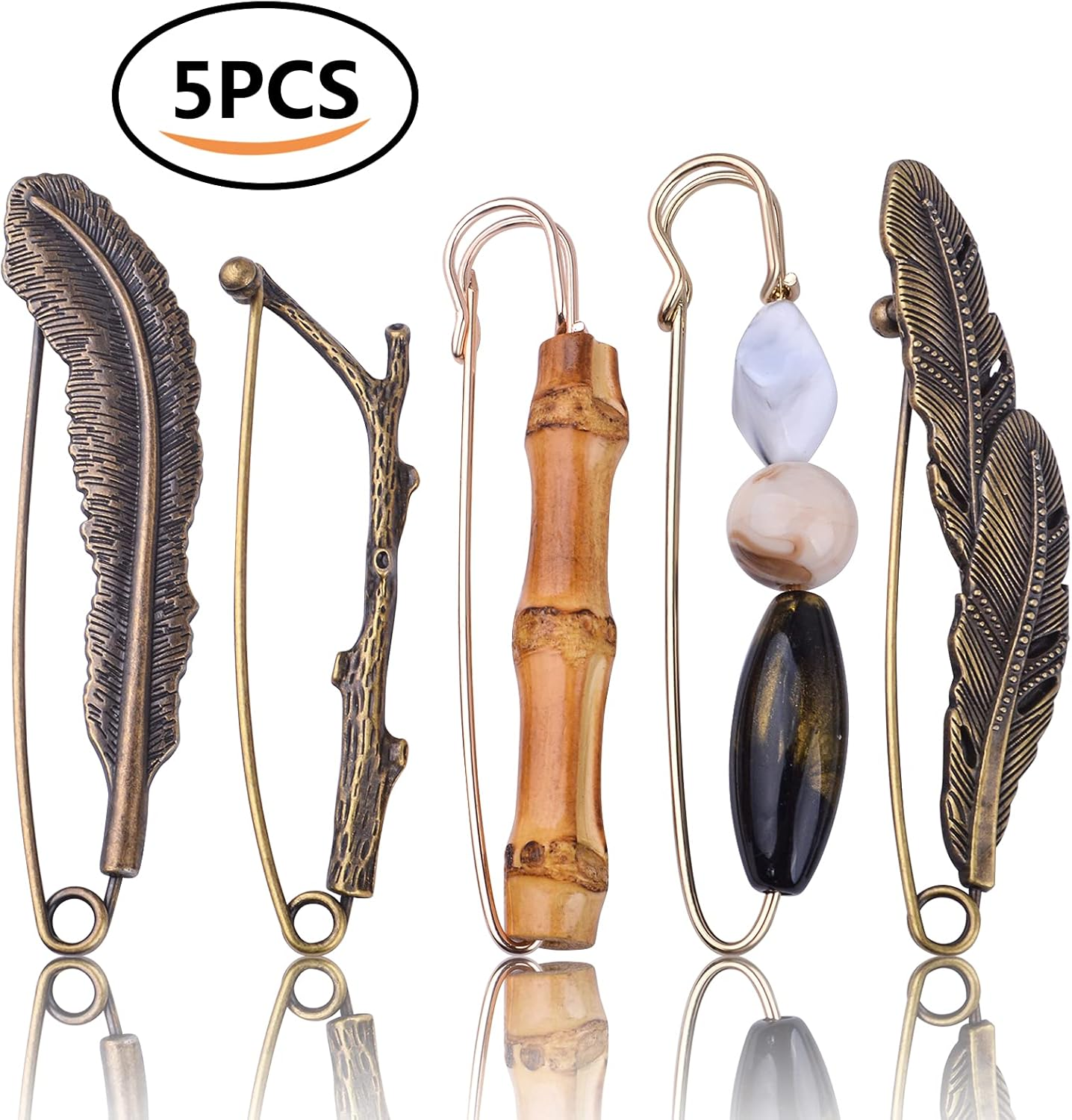 5Pcs Vintage Chic Brooch Extra Large Safety Pins Heavy Duty Safety Pins Accessories for Women Men Clothing Sweaters Shawls Collars Scarf Blankets Crafts, 5 Styles, Large, Metal image number 2