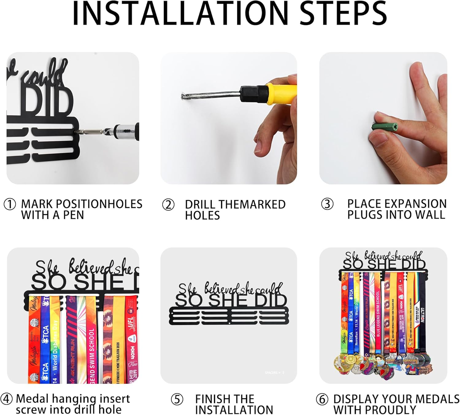 Goutoports Medal Hanger Display - Showcase and Protect Your Medals in Style Metal Resistant to Damage Breakage Bending - Equipped with Mounting Accessories Easy to Install (1-She Believed) - 05 Minimalist image number 2