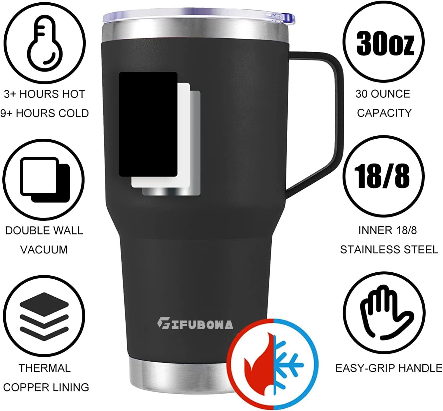 GIFUBOWA 30 Oz Stainless Steel Vacuum Insulated Tumbler with Handle 30Oz Travel Mug with Sliding Closure Lid,3-In-1 Lid, 2 Straw for Home, Office, Travel, Party image number 6