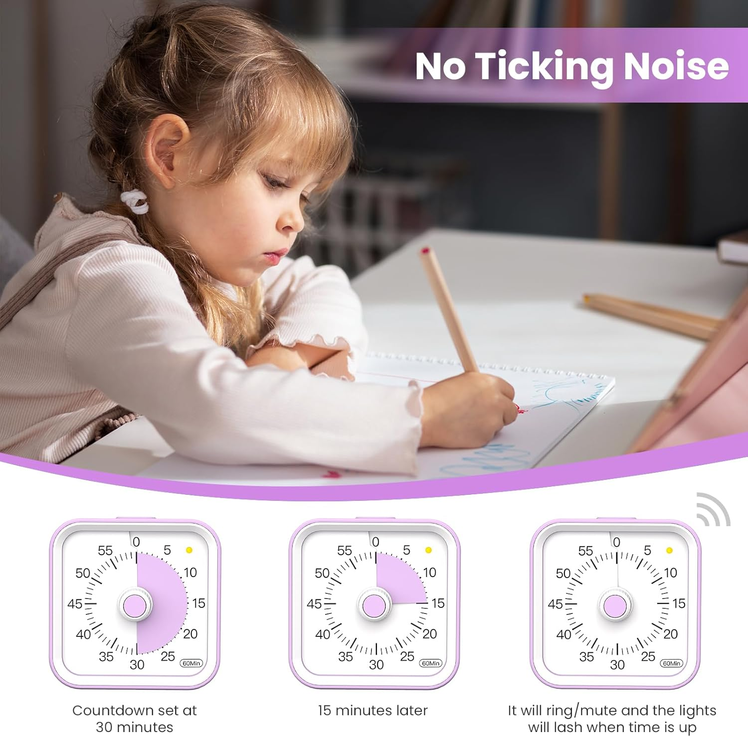 Visual Timer with Pause Function for Kids and Adults, Productivity Timer for Study, Teaching, Kitchen Cooking, Office Meetings, Time Management for ADHD (Purple) - Blue image number 2