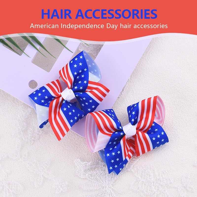 Fourth of July Hair Bow Clips USA American Flag Hair Pins Accessories Red White Blue Stars Stripes Bow-Knot Ribbon Barrette Patriotic Independence Day 4Th of July Headpiece Headwear Outfit 2 PCS image number 1