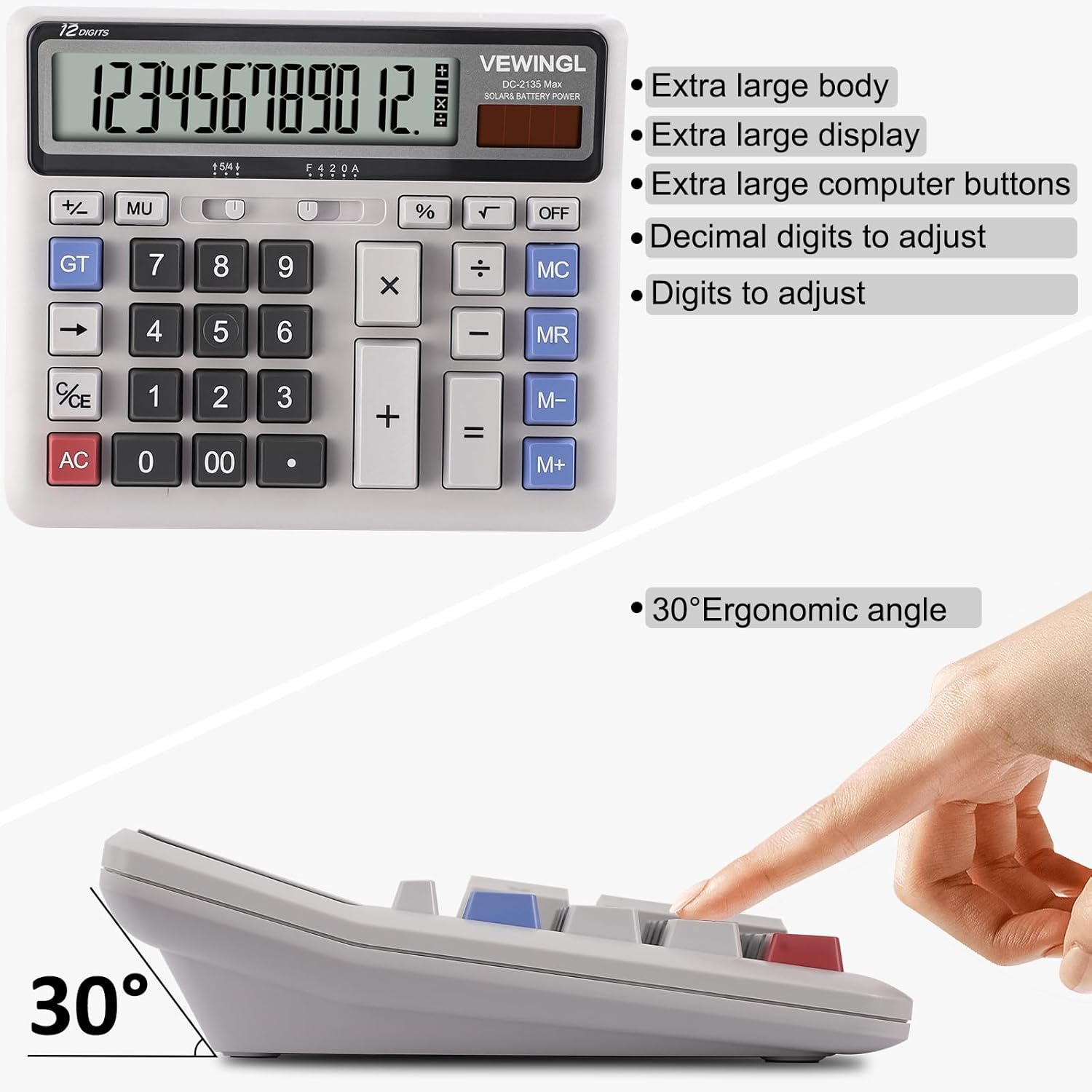 VEWINGL Desk Calculator 12 Digit, Large Computer Keys,Desktop Dual Power Battery and Solar, Calculator with Large LCD Display for Office,School, Home & Business Use,Automatic Sleep.7.6 * 6.4In - Retro Gray image number 5