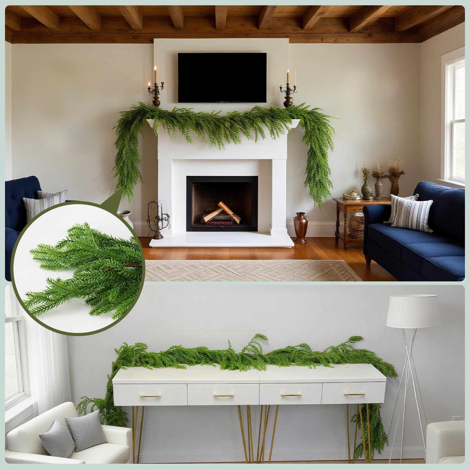 9Ft 2PCS Artificial Norfolk Pine Garlands, Real Touch Winter Pine Garland, Green Artificial Greenery Garland for Table, Mantle, Wall, Indoor, Outdoor Christmas Decorations - 9Ft 2PCS image number 3