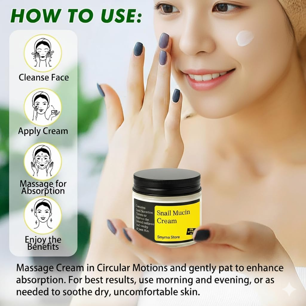 SM- Snail Mucin Face Moisturiser - Advanced Vegan Snail Cream with Barrier Repair for Sensitive Skin & Dry Skin, Lightweight Daily Facial Cream for Soft, Glowy Skin, Skin Care - 3.52 Oz -100G image number 4